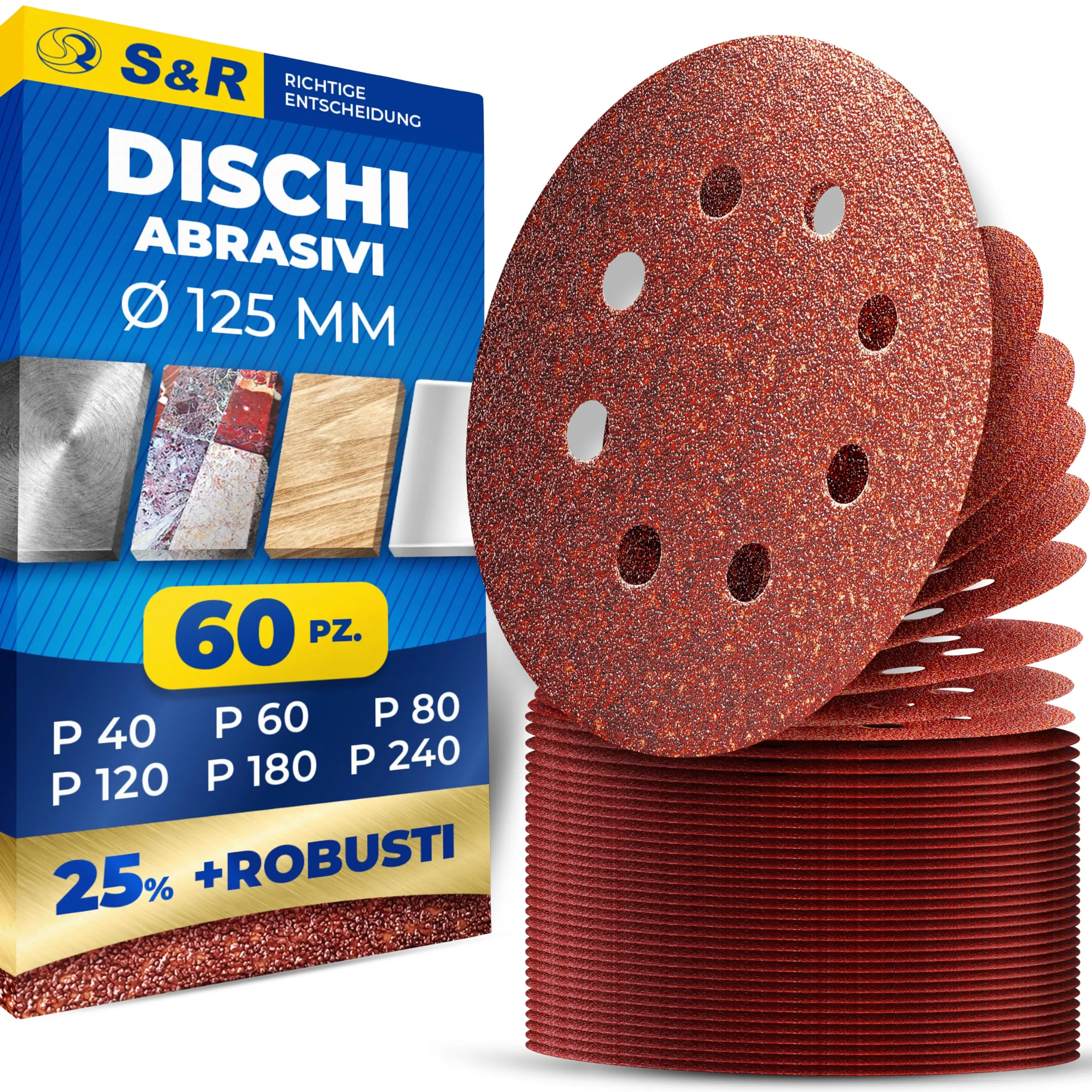 S&R Dischi Abrasivi 125mm, Grana Assortita (40-240), 60 Pezzi