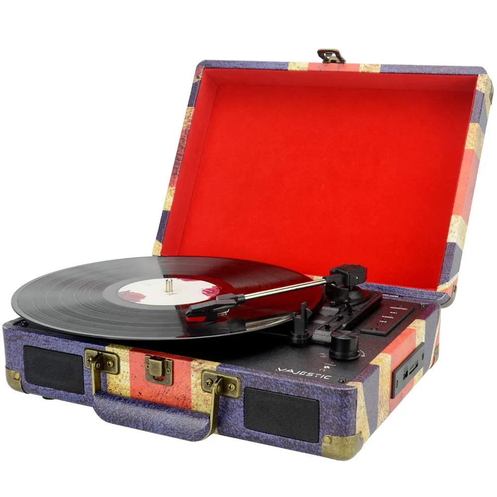 Majestic TT-43 BT/USB/SD/AX Giradischi Portatile Vintage con Bluetooth, USB, SD e Registrazione MP3 - Design Bandiera UK
