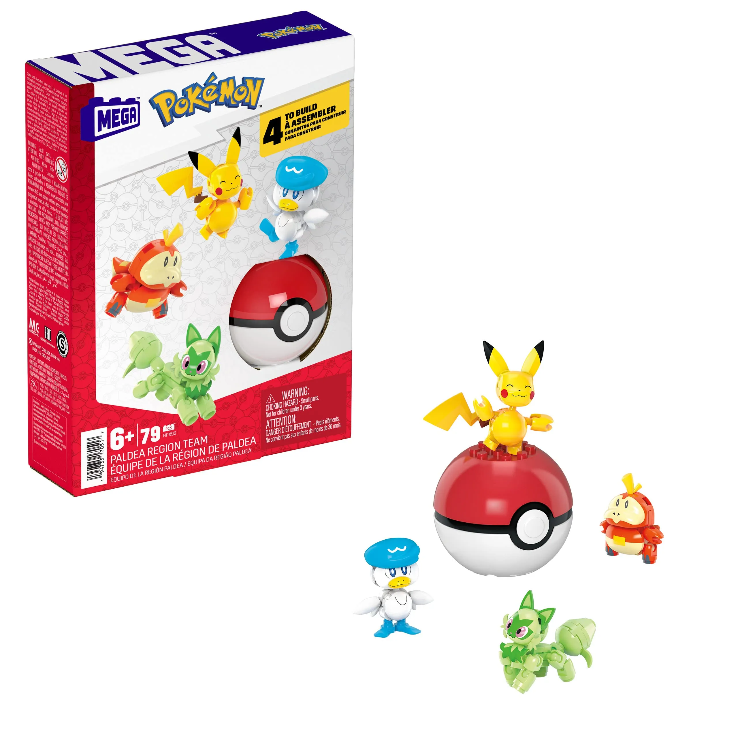 MEGA Pokémon - Team della Regione di Paldea, Set con 4 Personaggi e 1 Poké Ball da Costruire con 79 Pezzi, Include Pikachu, Fuecoco, Sprigatito e Quaxly, Giocattolo per Bambini, 6+ Anni, HPX92