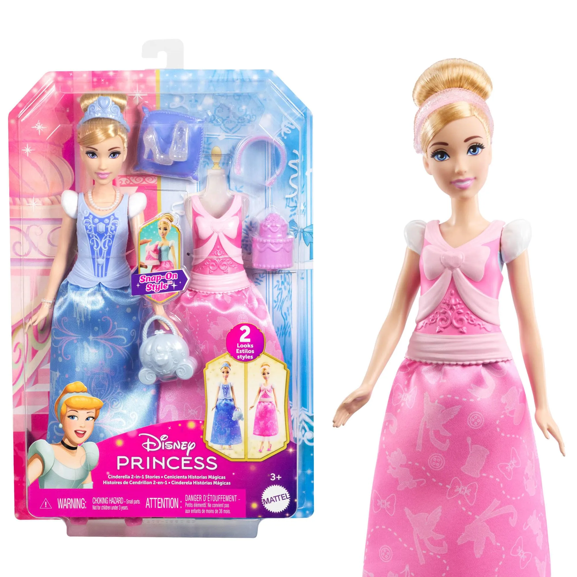 Mattel Disney Princess - Cenerentola 2 storie in 1, bambola alla moda