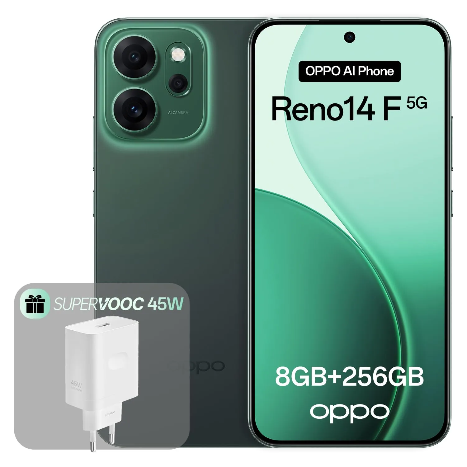 OPPO Reno14 F 5G Luminous Green - Smartphone Android con Fotocamera AI 50MP e Ricarica SUPERVOOC 45W