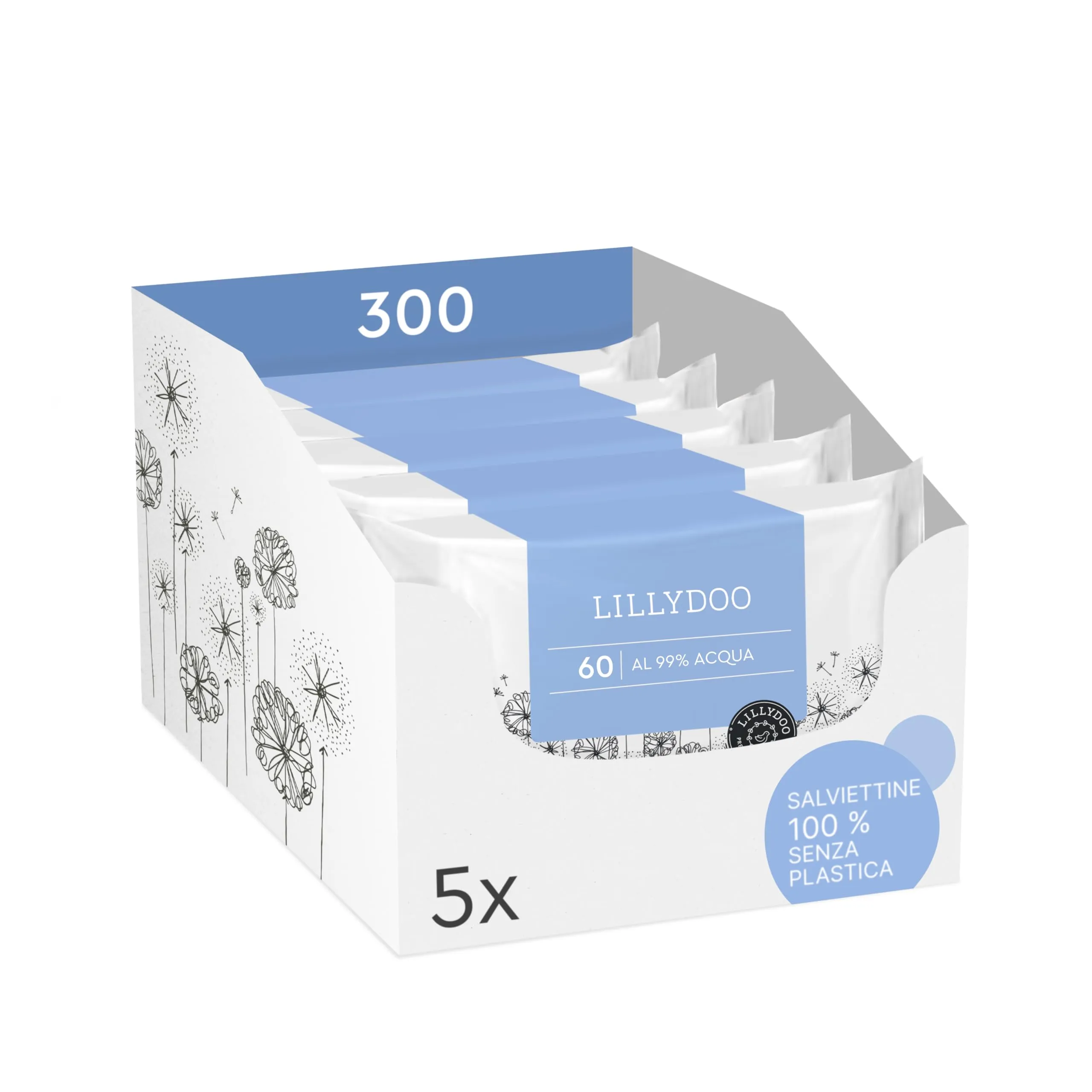 LILLYDOO Salviettine Umidificate al 99% Acqua - Pacco Famiglia (5x60)