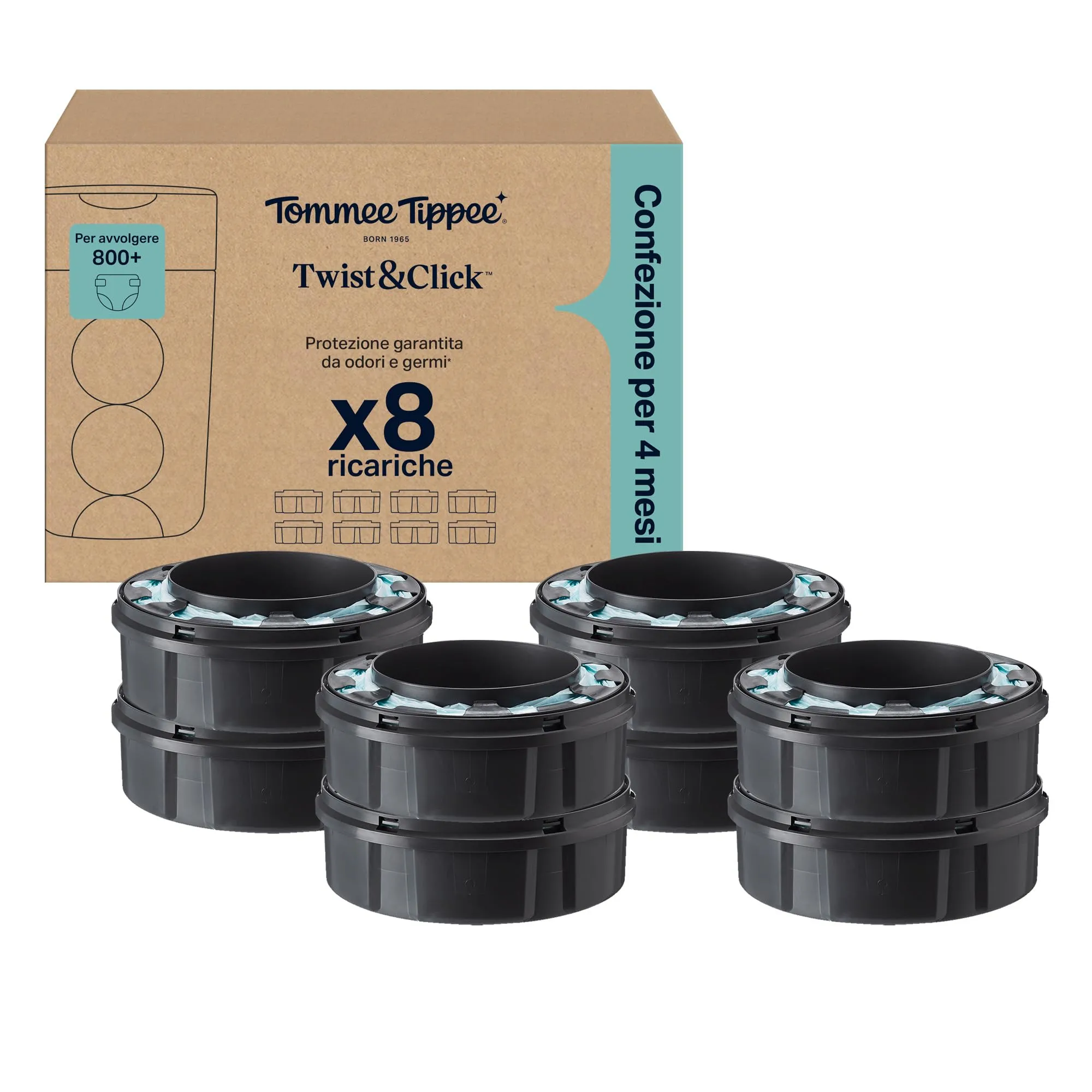 Tommee Tippee Ricariche Originali per Sistema Avanzato di Smaltimento Pannolini Twist and Click, Confezione da 8