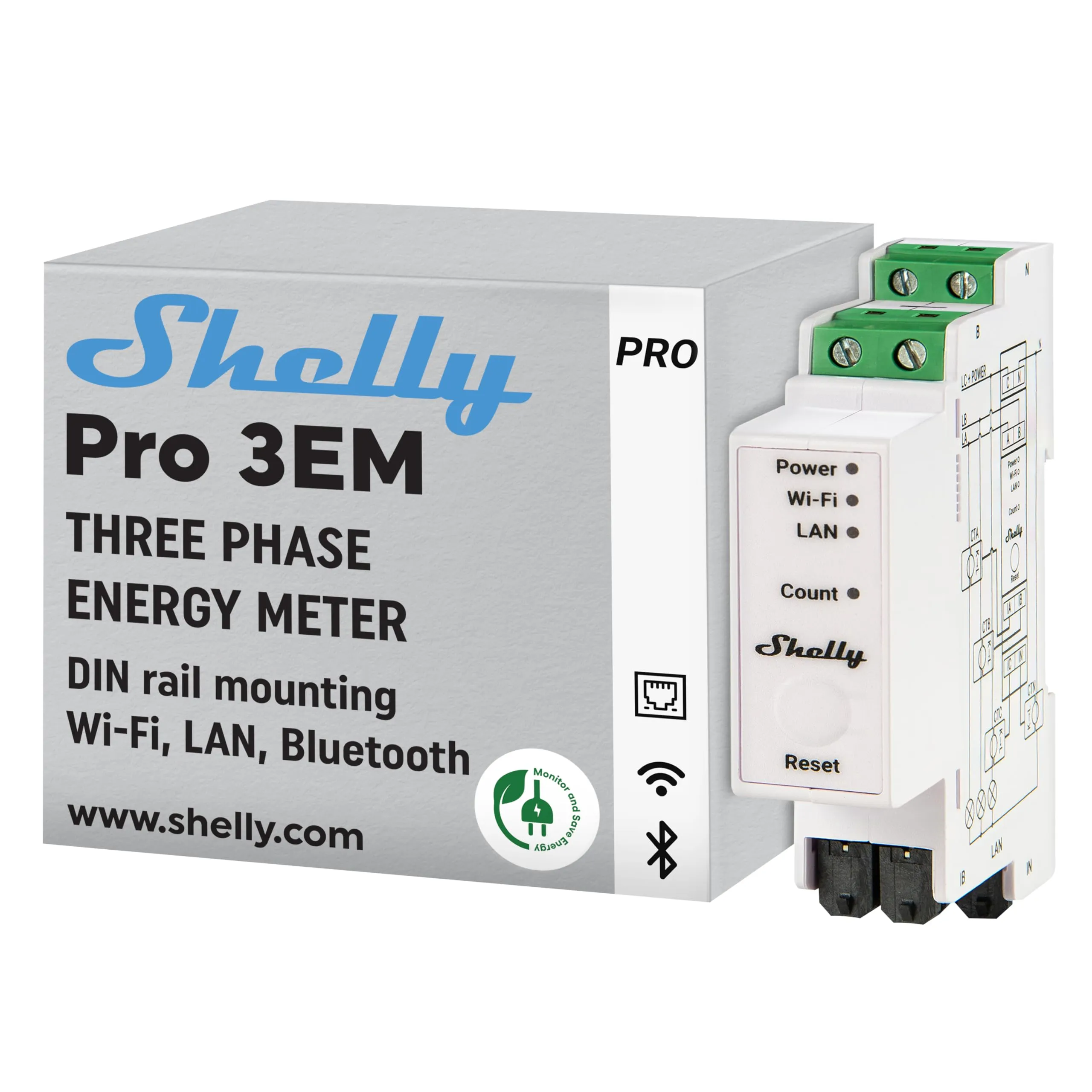 Shelly Pro 3EM (120A) - Misuratore di Energia Trifase Smart Wi-Fi & LAN