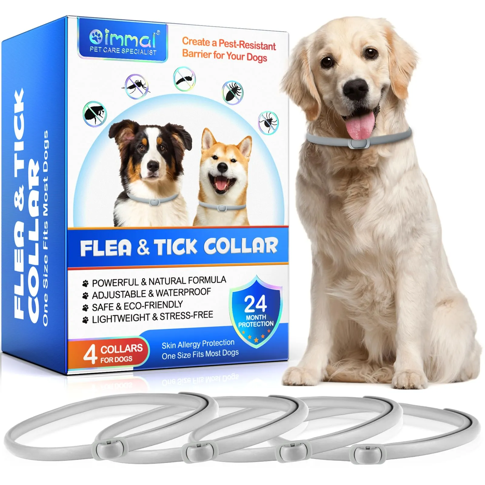 4 Pezzi Collare Antiparassitario per Cani, Collare antipulci con zecche per Cani, Impermeabile Collare Antipulci e Zecche per Cani, 4 * 6 Mesi di Efficacia Protezione (A)