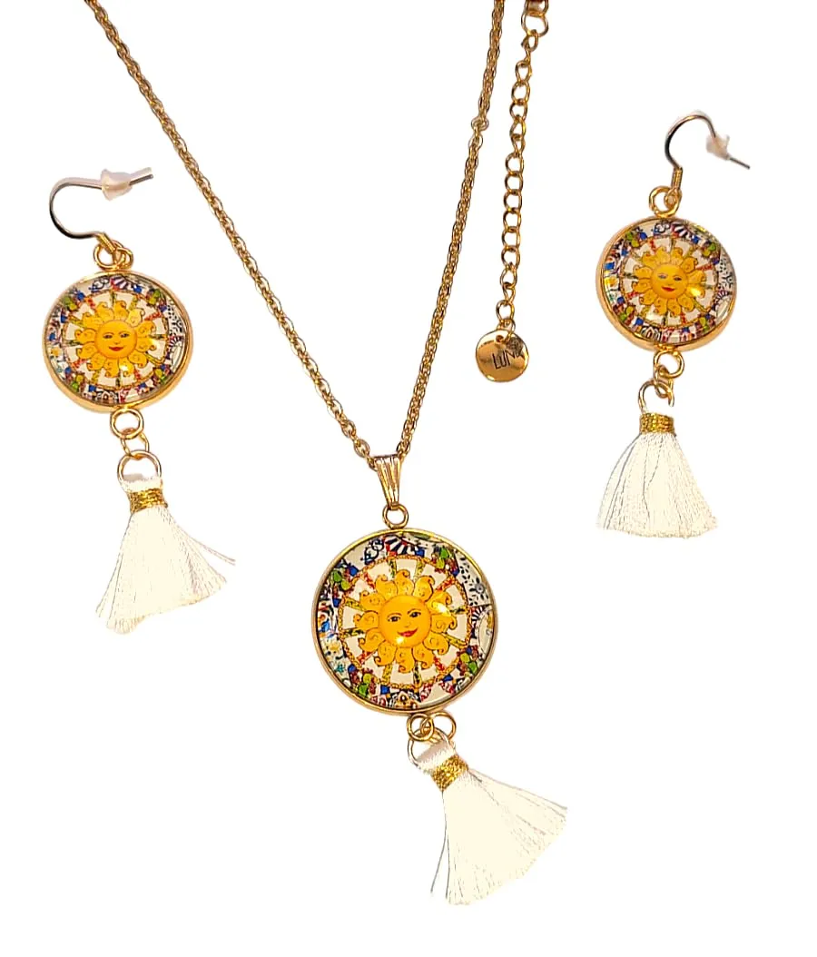 Parure Sicily Set Orecchini Collana con Ciondolo Cabochon Con Nappa Tema Siciliano Gioielli Siciliani, Idea Originale per Regalo Natale, Fatto a Mano, Gioielli Donna Sole