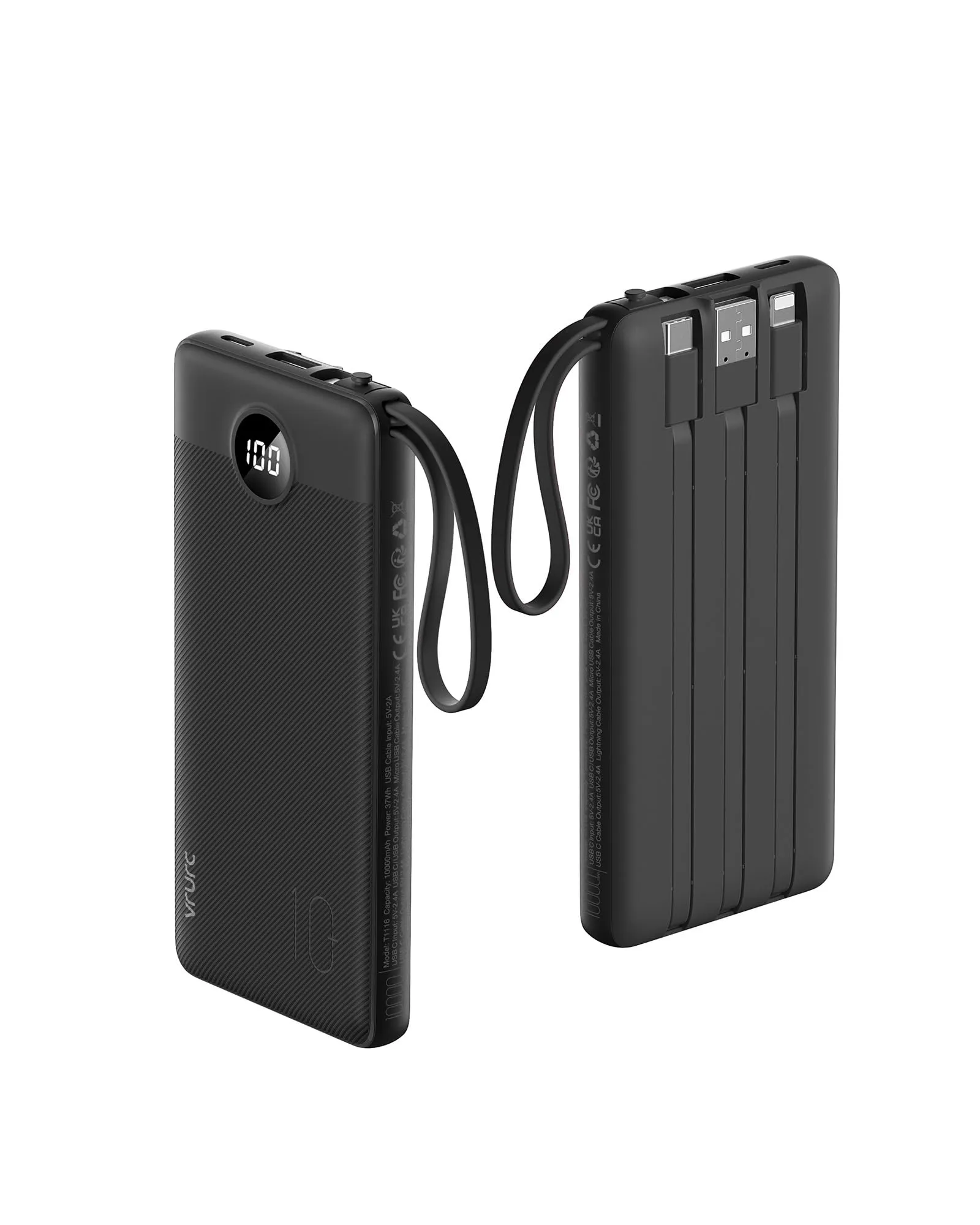 VRURC Power Bank 10000mAh Slim con Cavi Integrati