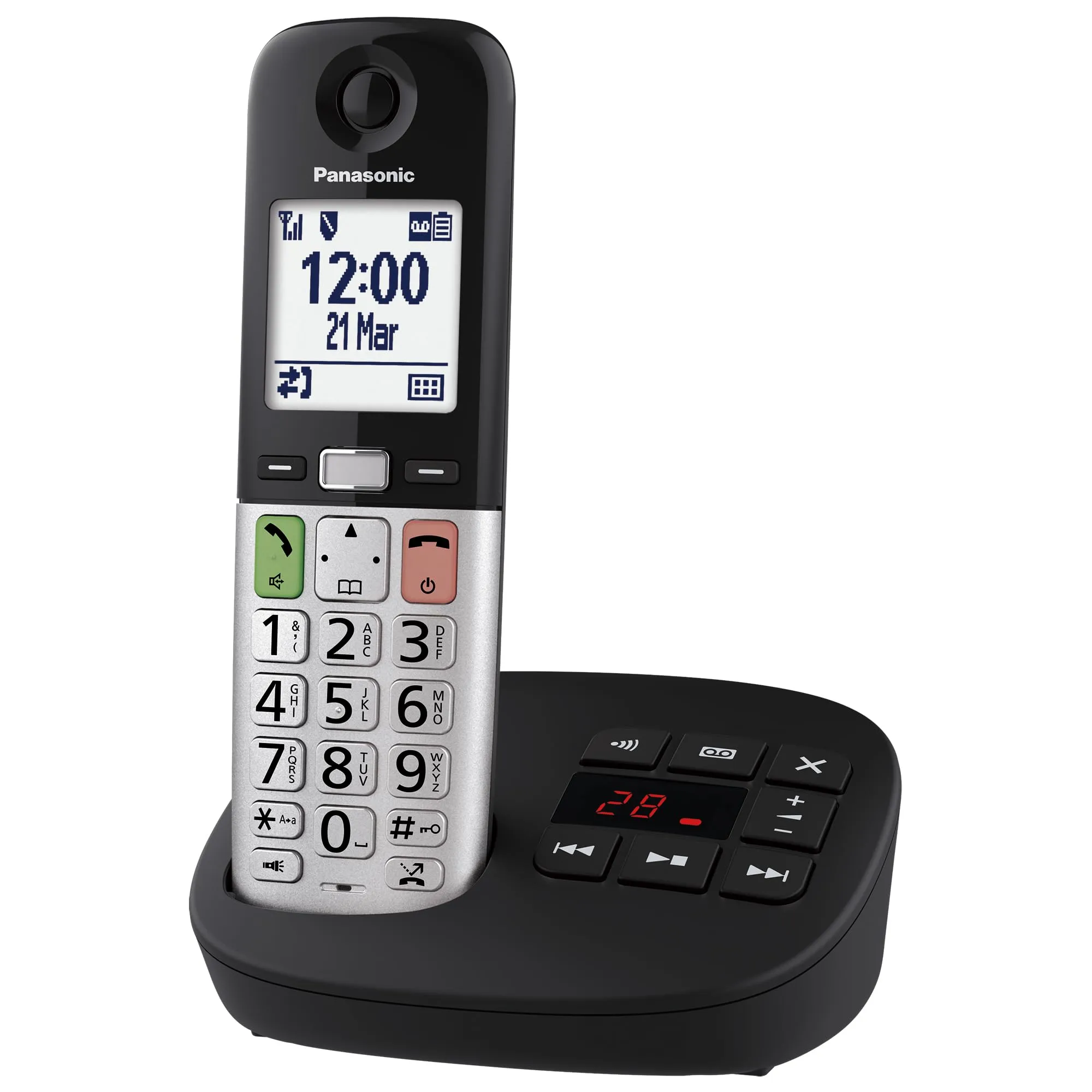 Panasonic KX-TGU430EXB Telefono cordless digitale con segreteria telefonica, volume amplificato, unità base e 1 auricolare, display LCD, torcia elettrica, compatibile con apparecchi acustici, nero e argento