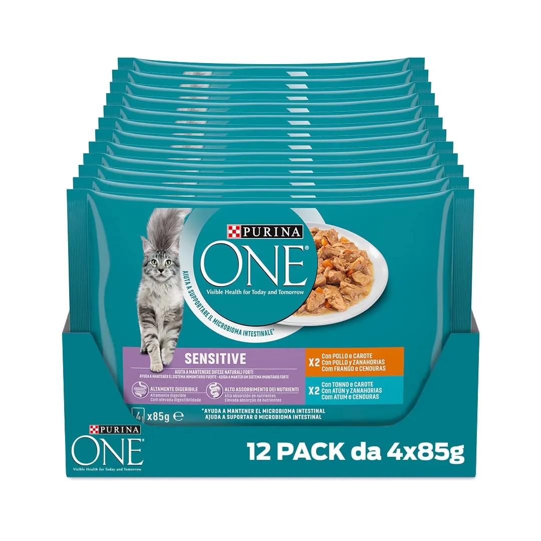 PURINA ONE Sensitive Filettini in Salsa per Gatti Adulti con Pollo, Tonno e Carote - 48 Buste da 85g