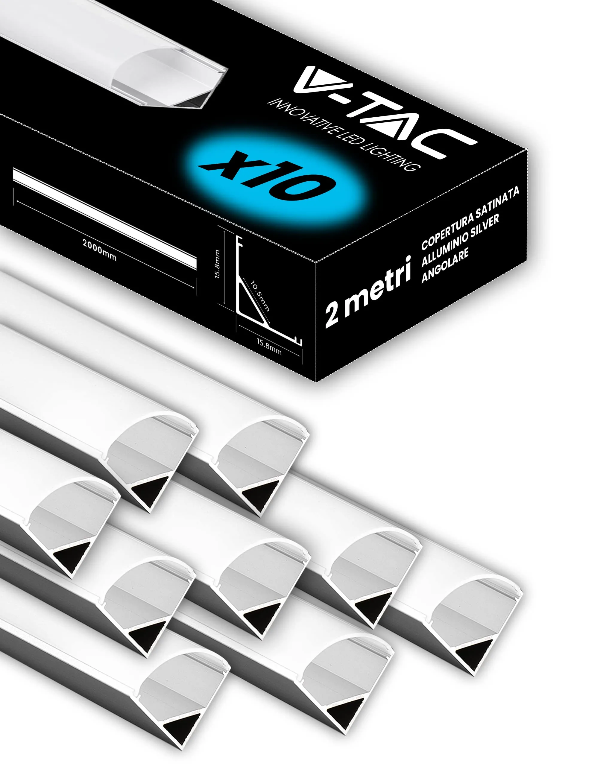 V-TAC 10x Profili Angolari in Alluminio da 2 Metri per Strisce LED