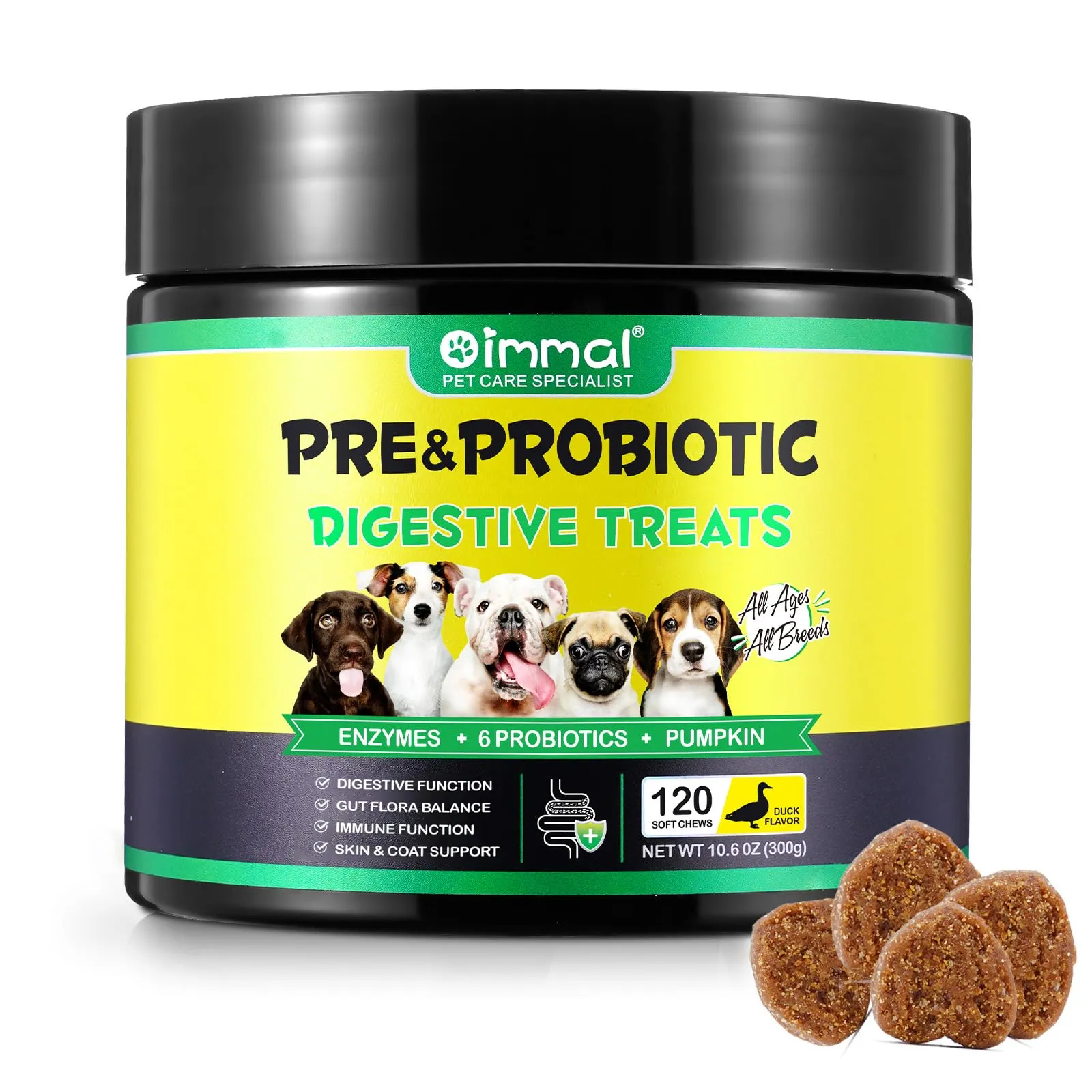 Probiotici per Cani al Gusto Anatra - 120 Masticativi per la Salute Intestinale