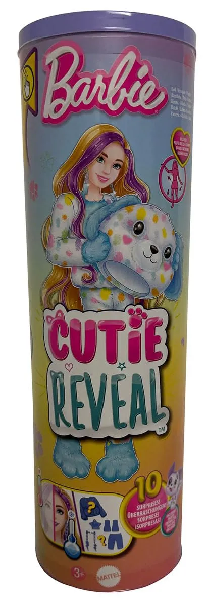 Barbie - Cutie Reveal Serie Color Dream, bambola con costume da dalmata di peluche arcobaleno e 10 accessori a sopresa con effetto cambia colore, giocattolo per bambini, 3+ anni, HRK41
