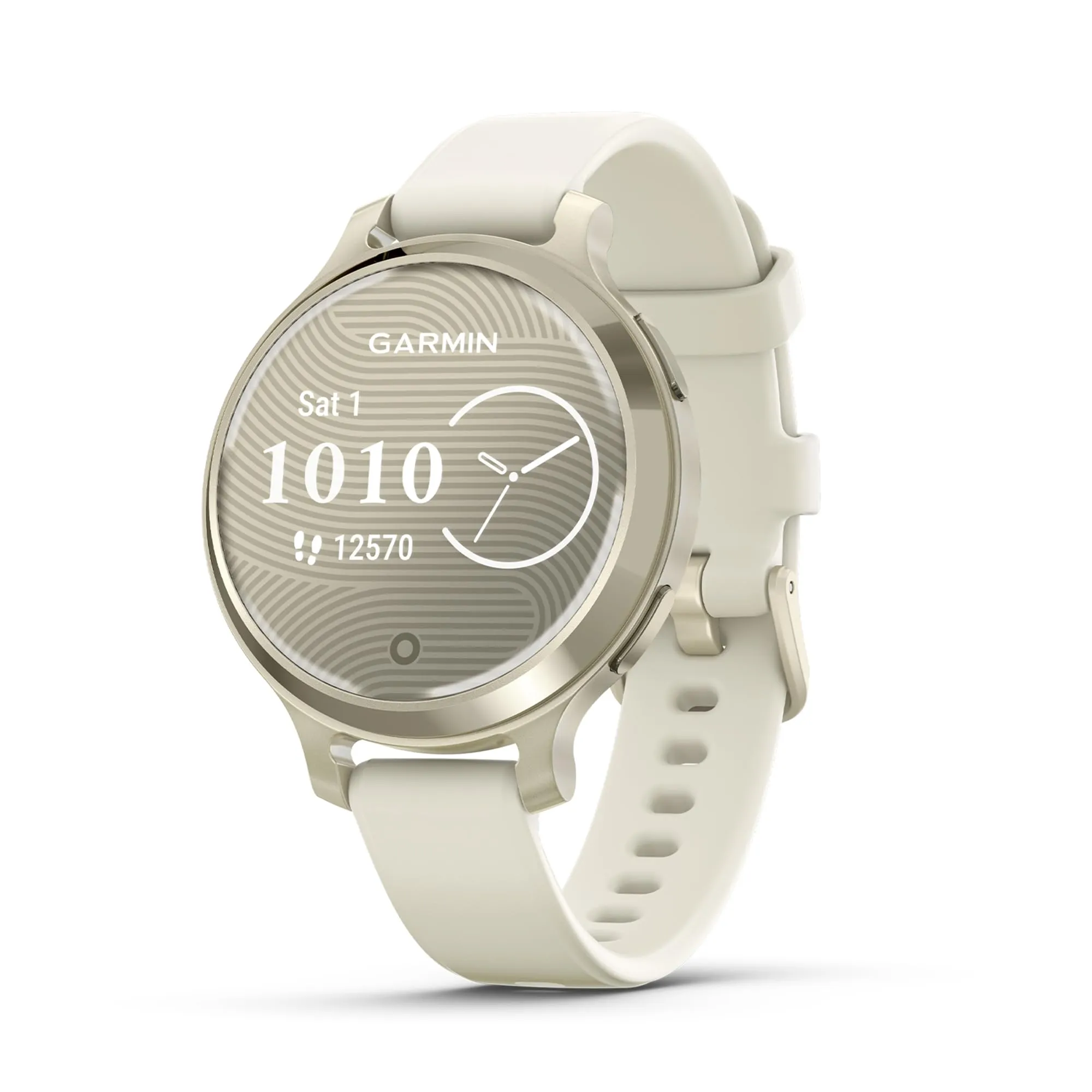 Garmin Lily 2 Active, Smartwatch per Donne, Elegante e Compatto, 38mm, Display LCD 1.3'', Quadrante decorato, GPS, Notifiche, Pay, Autonomia 9 giorni, Lunar Gold & Bone