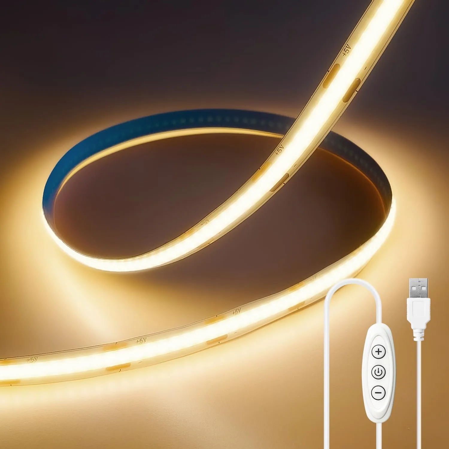 ShineBurky Striscia LED COB 5V USB, Bianco Caldo 3000K 2 Metri 640LED CRI93+ Dimmerabili Strisce Luci LED Flessibile per Retroilluminazione TV, Cucina, Camera da Letto, Fai da Te