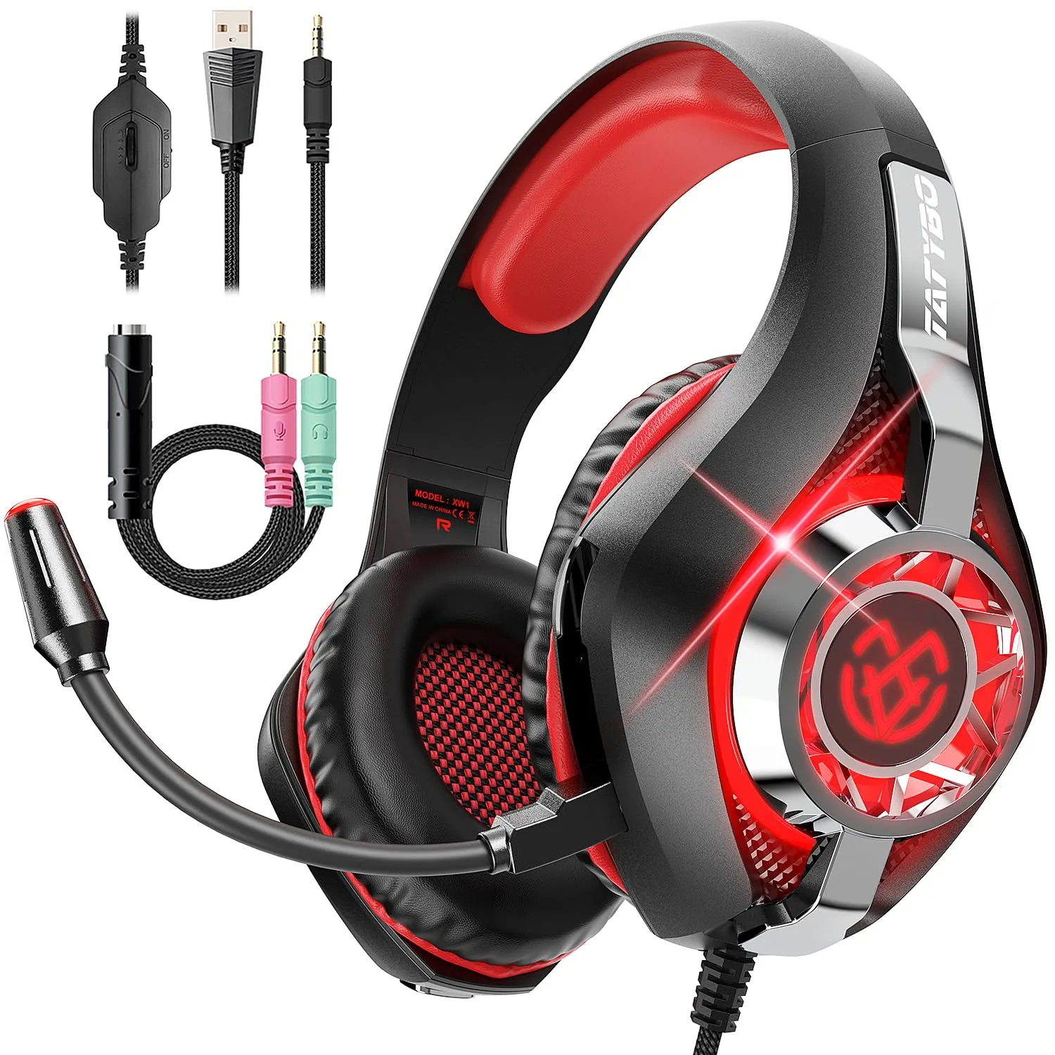 Tatybo Cuffie Gaming per PS4 PS5 PC Xbox One Bass Deep con Microfono Cancellazione del Rumore con 3.5mm Jack (Rosso)