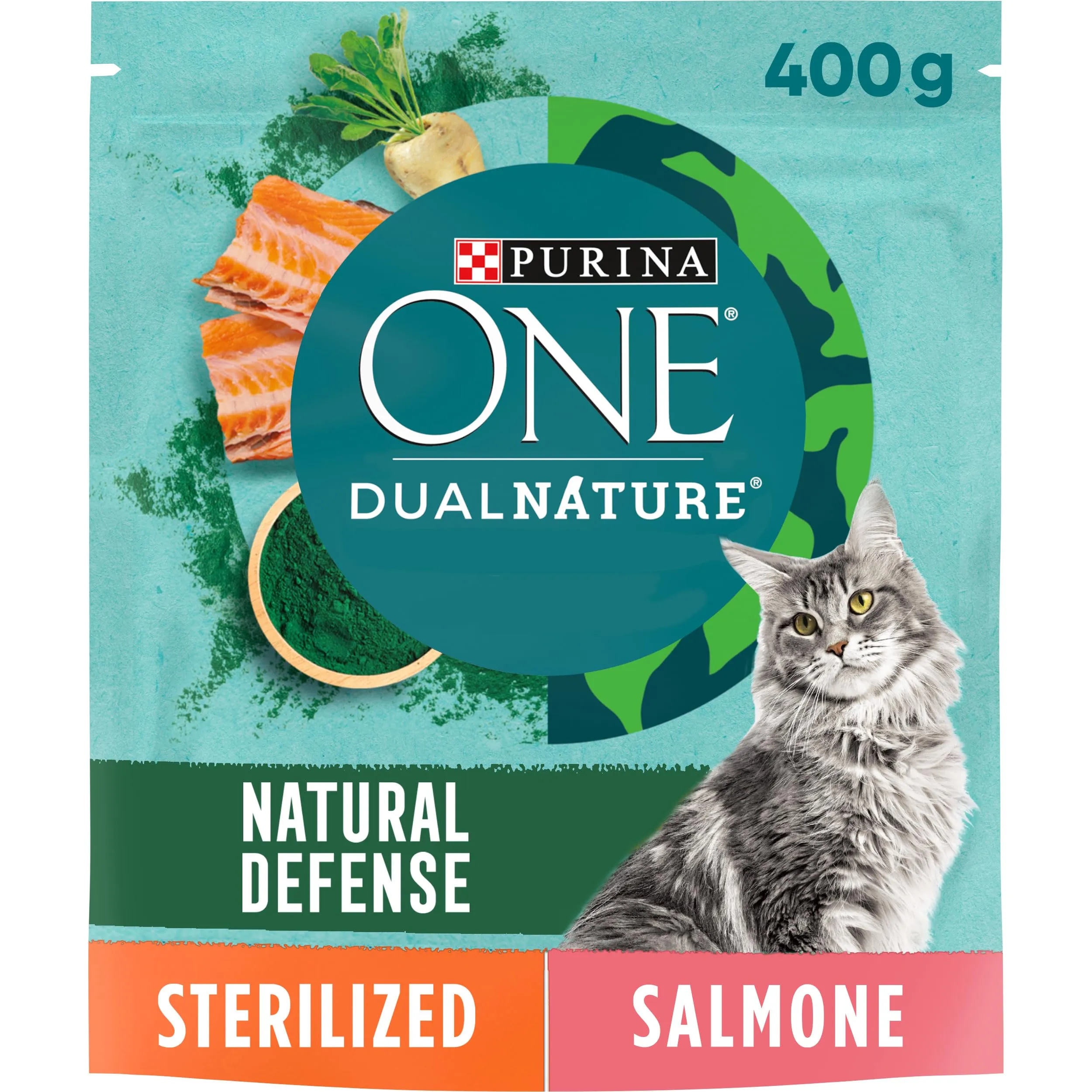 PURINA ONE Dualnature Natural Defense Crocchette per Gatti Adulti Sterilizzati con Salmone e Spirulina naturale 8 Sacchi da 400g