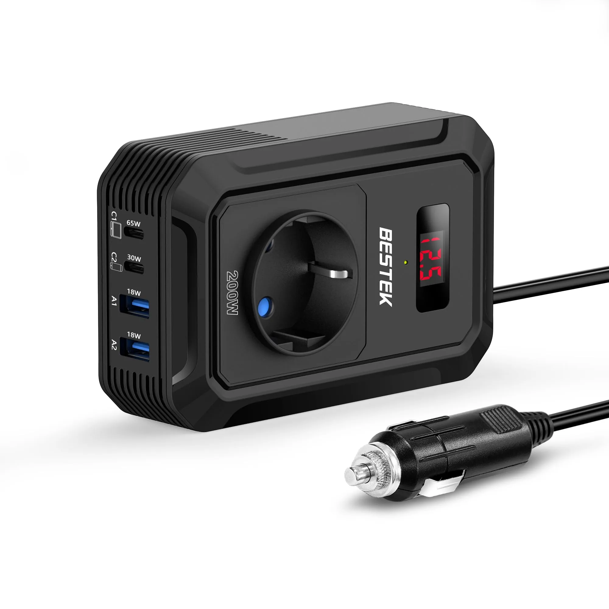 BESTEK Inverter 200W 12V a 220V/230V/240V Onda Pura con USB-C 65W e 30W, USB-QC 18W