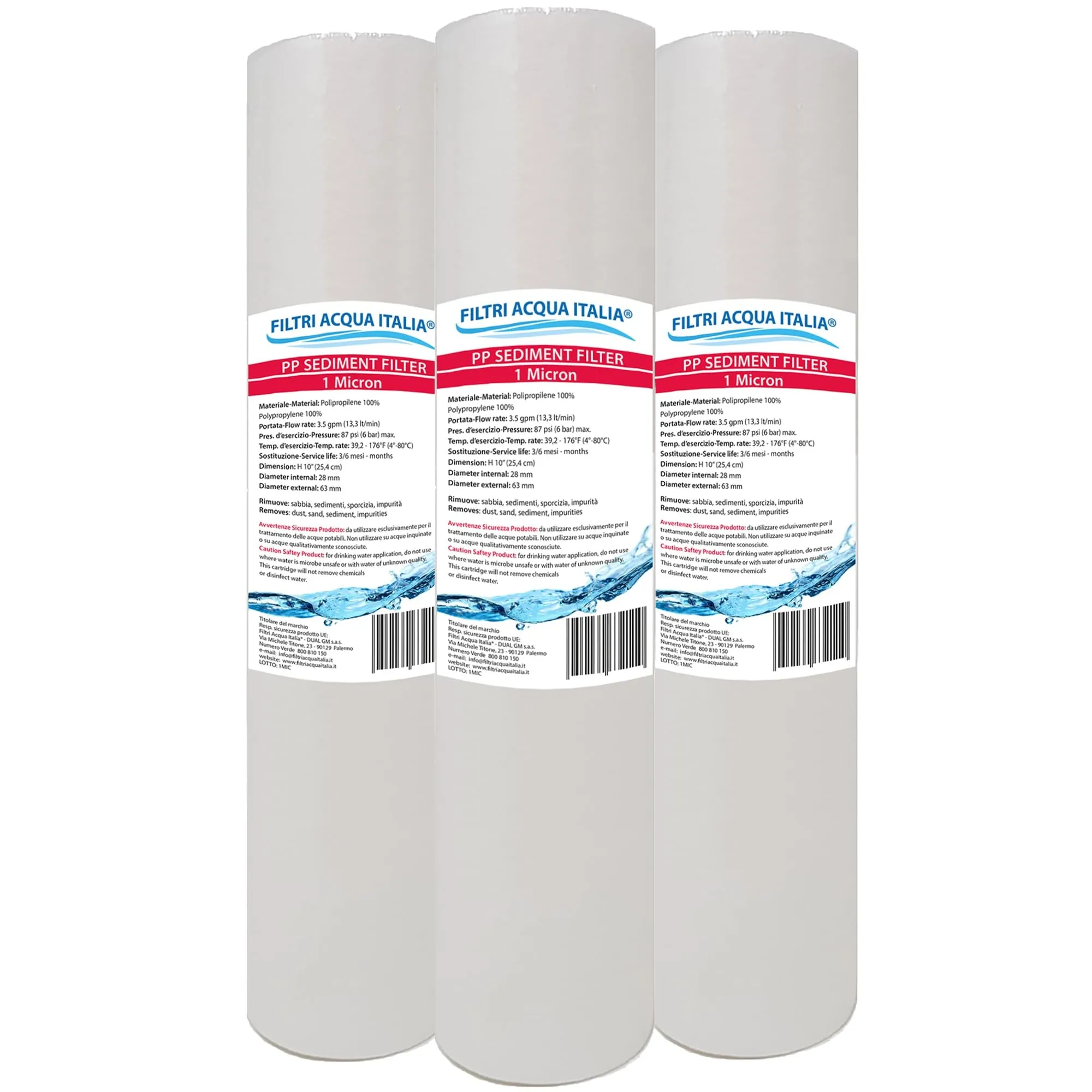 Set 3 Cartucce Filtro Acqua Polipropilene 10" 1 Micron per Osmosi Inversa