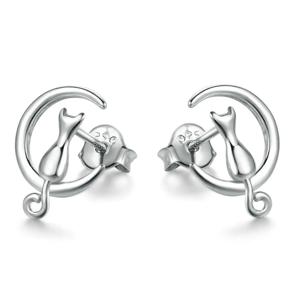 Epoch World Orecchini Gatto e Luna in Argento Sterling 925 per Donna e Bambina