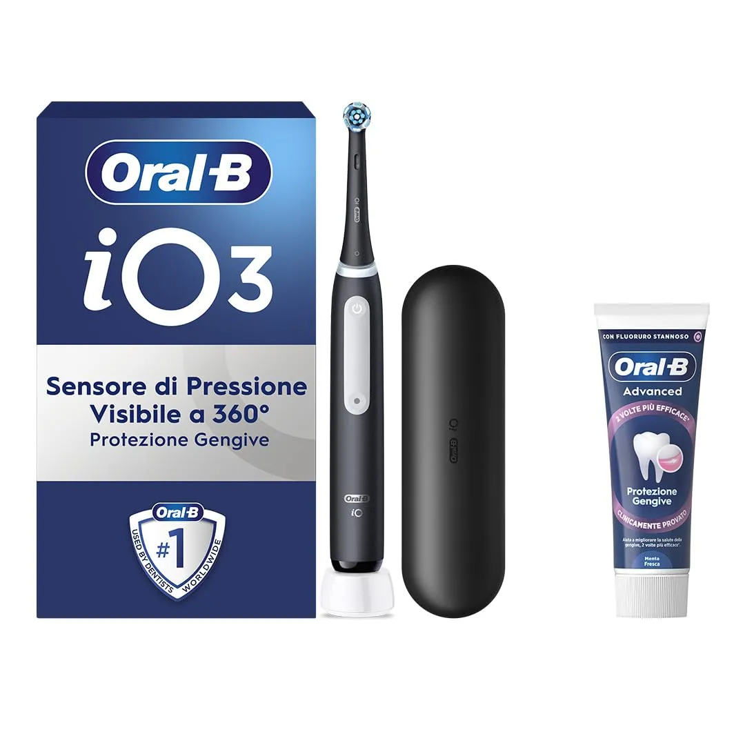 Oral-B iO 3 Nero Spazzolino Elettrico Ricaricabile con Custodia da Viaggio e Dentifricio Advanced Protezione Gengive