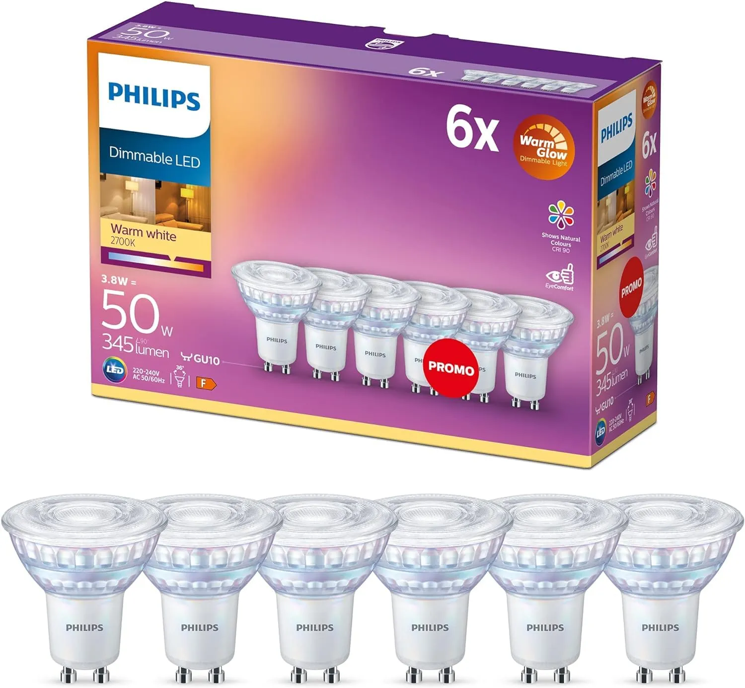 Philips LED Faretto GU10 Dimmerabile, 6 pezzi, 5.2W (50W) Luce Bianca Calda