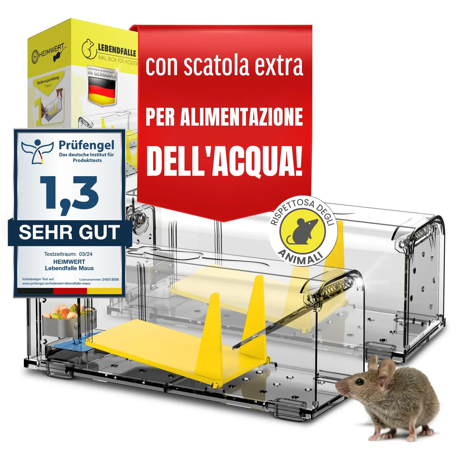 HEIMWERT Set di 2 Trappole topi - con serbatoio + scatola per le esche + aperture per l'aria - uscita a sgancio rapido senza contatto