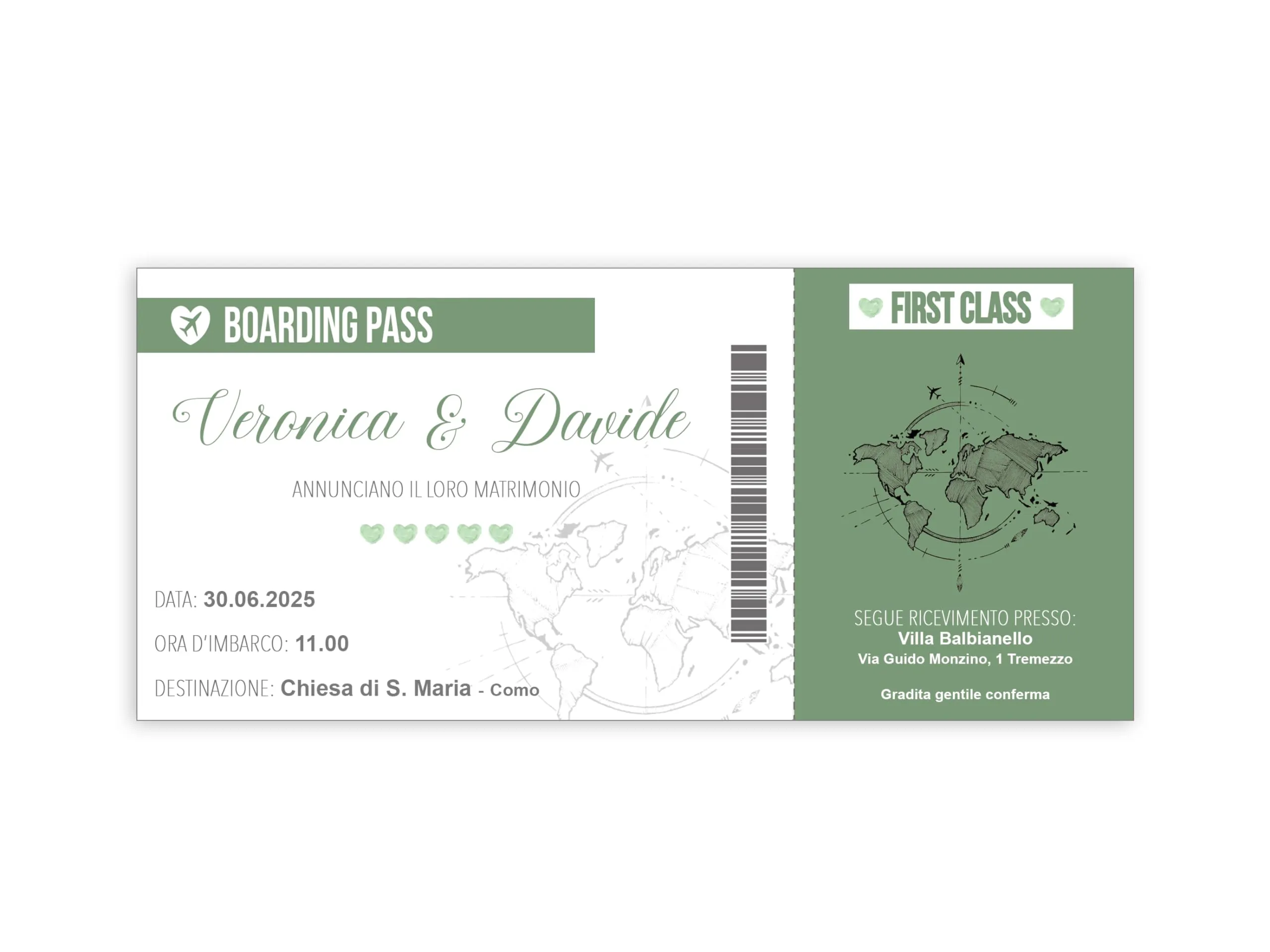 Partecipazioni Matrimonio Biglietto Aereo Verde Salvia - 10 Pezzi
