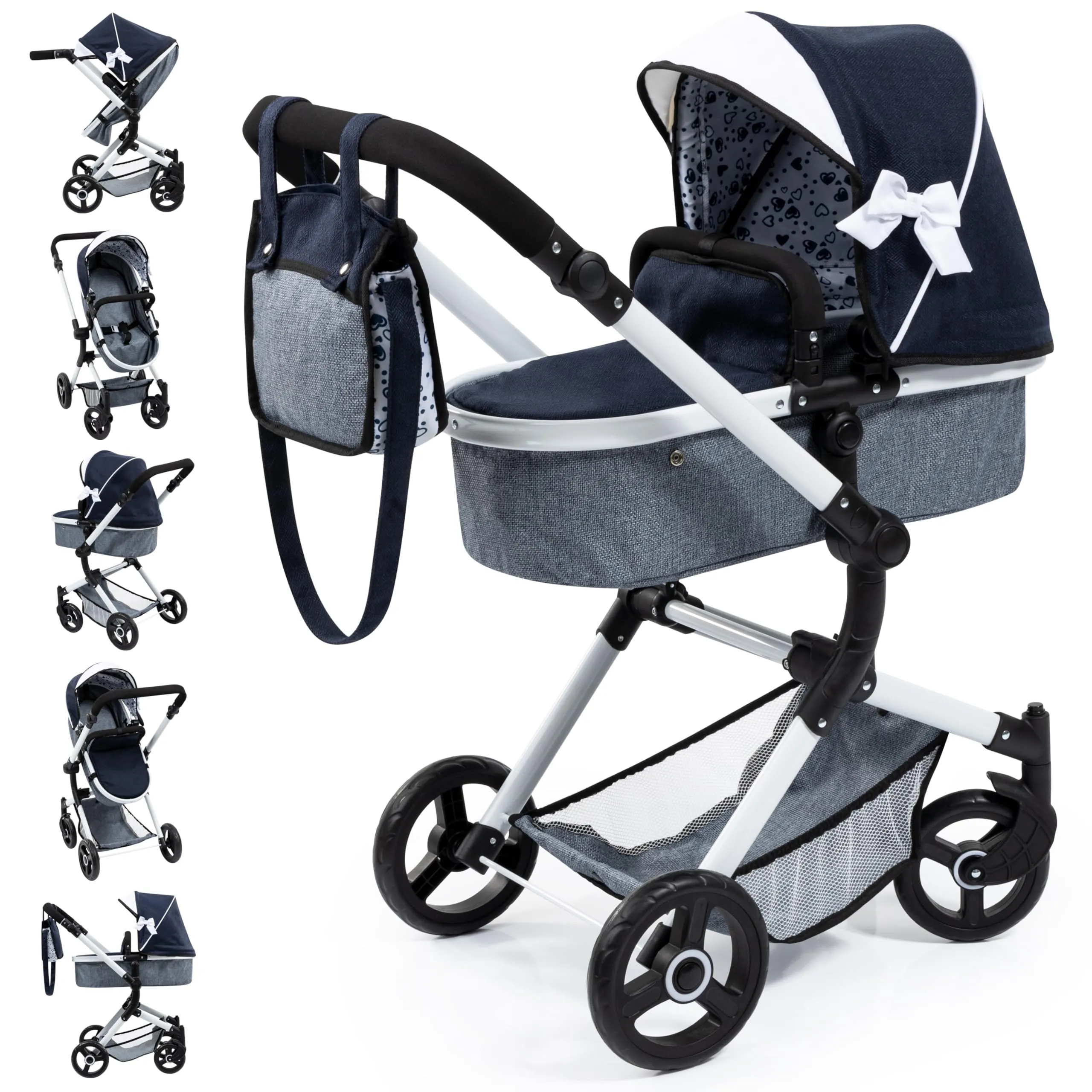 Bayer Design 18481AB Passeggino per bambole Neo Vario, Carrozzina per bambole, regolabile in altezza, blu bianco