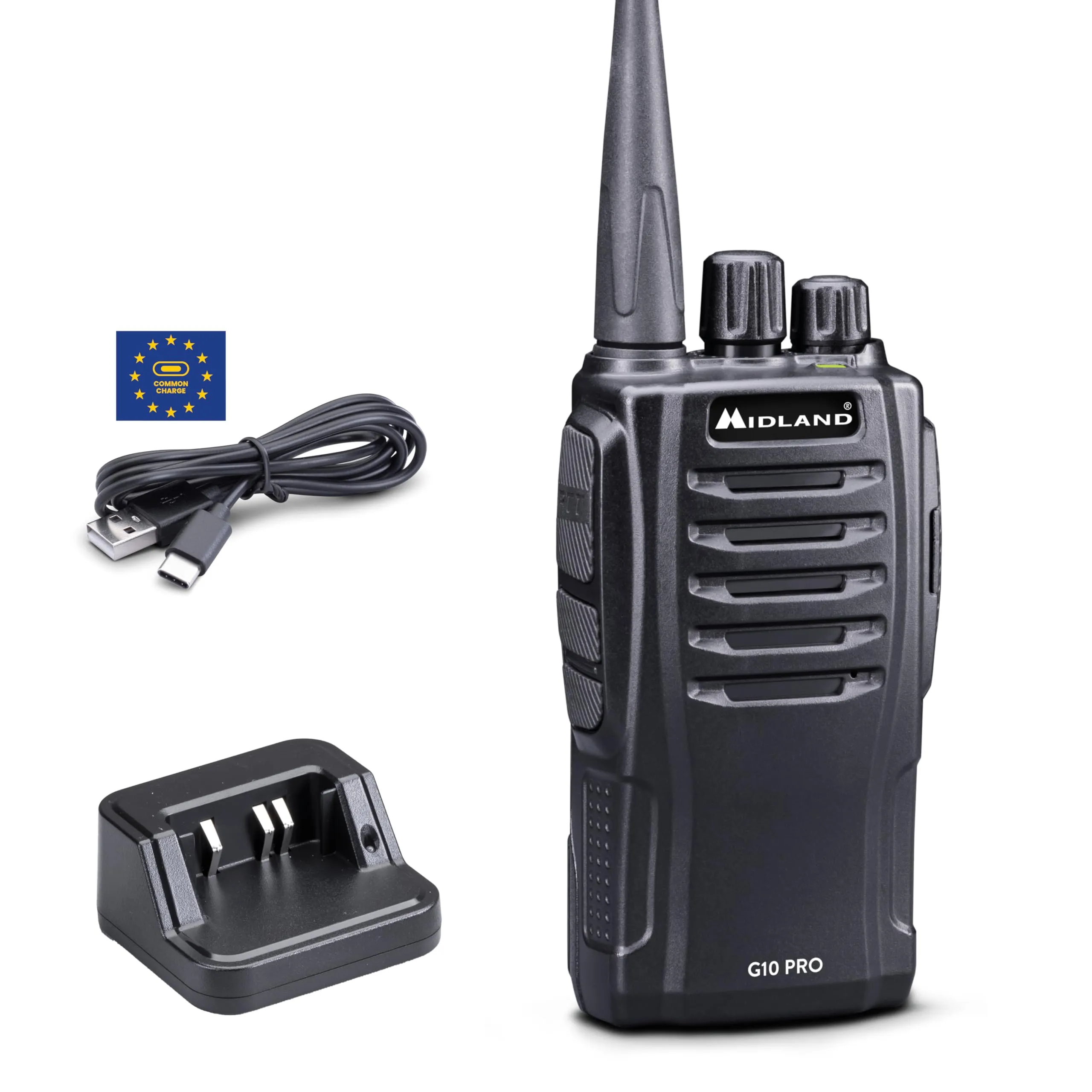 Midland - Walkie Talkie G10 PRO, Ricetrasmittenti Professionali Cantiere e Strada, 32 Canali PMR446 Senza Licenza, Copertura 12Km, Autonomia 16H, 50 Toni CTCSS, 116 Codici DCS, Batteria e Accessori