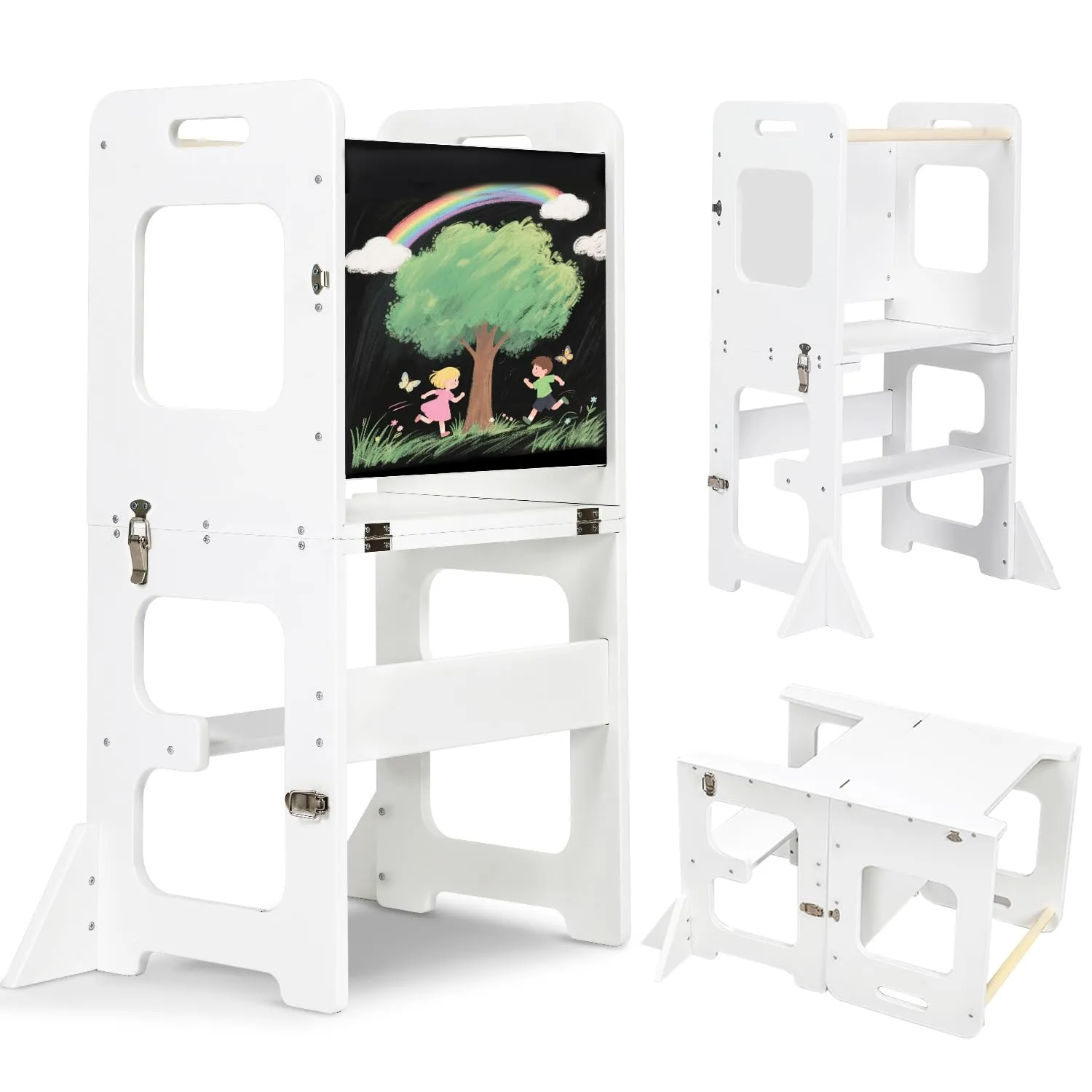 labebe Torre Montessoriana Pieghevole 3-in-1 con Tavolo da Disegno, Bianco