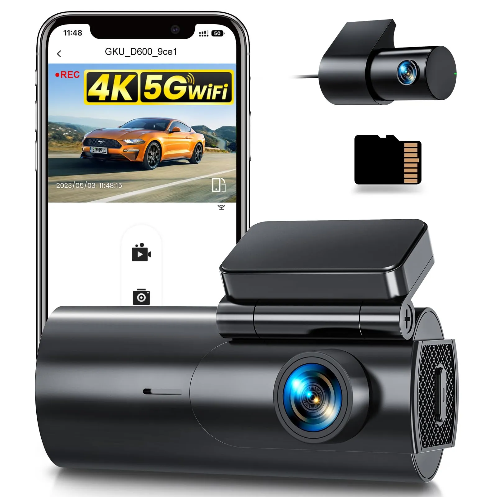 GKU Dash Cam Auto 4K+1080P con WiFi 5GHz e Scheda SD 64G