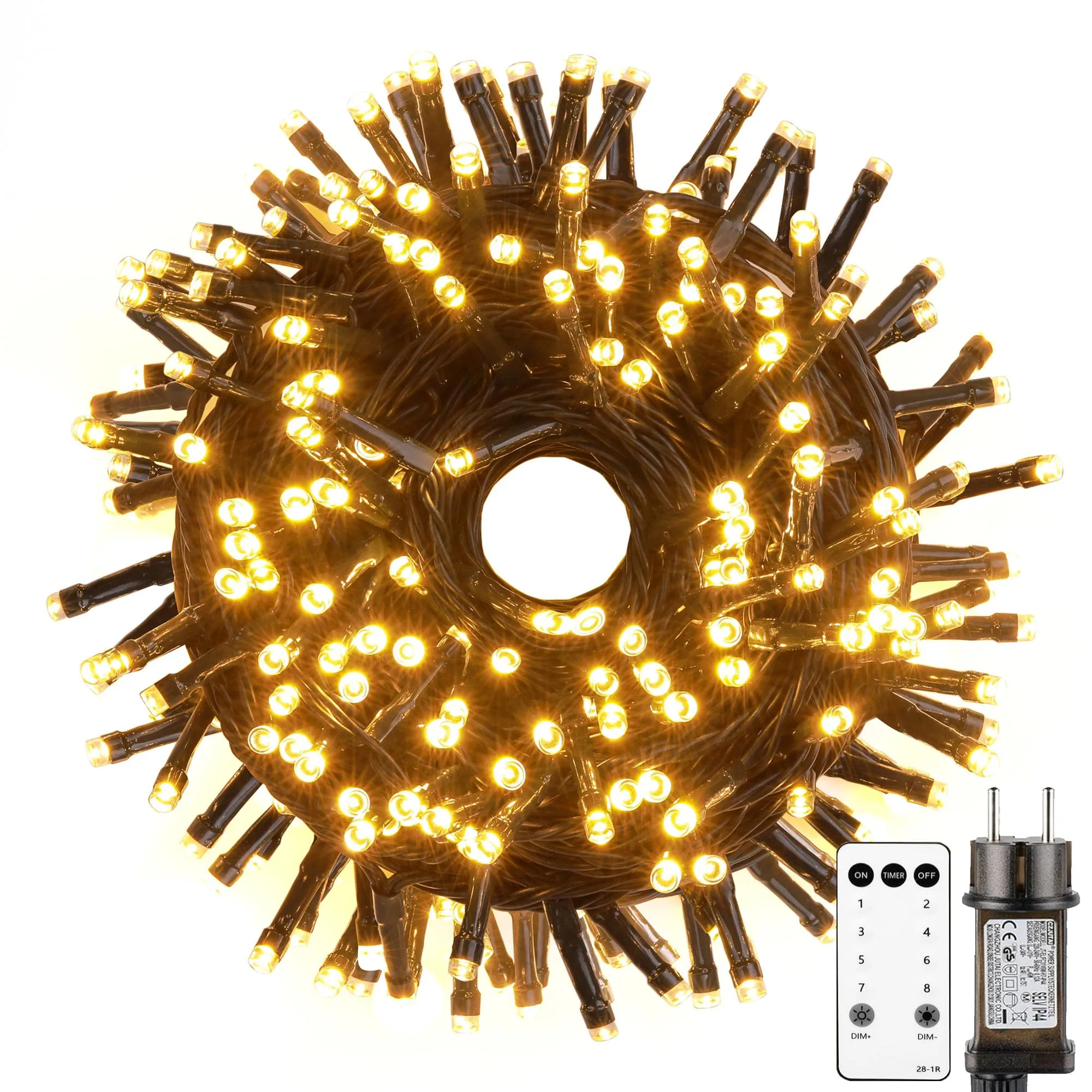 Tacobey Luci Albero di Natale Bianco Caldo, 20M 200 LED Catena Luminosa con Telecomando, 8 Modalità, Impermeabile, Timer, Luci Natalizie da Esterno ed Interno, Cavo Verde Scuro