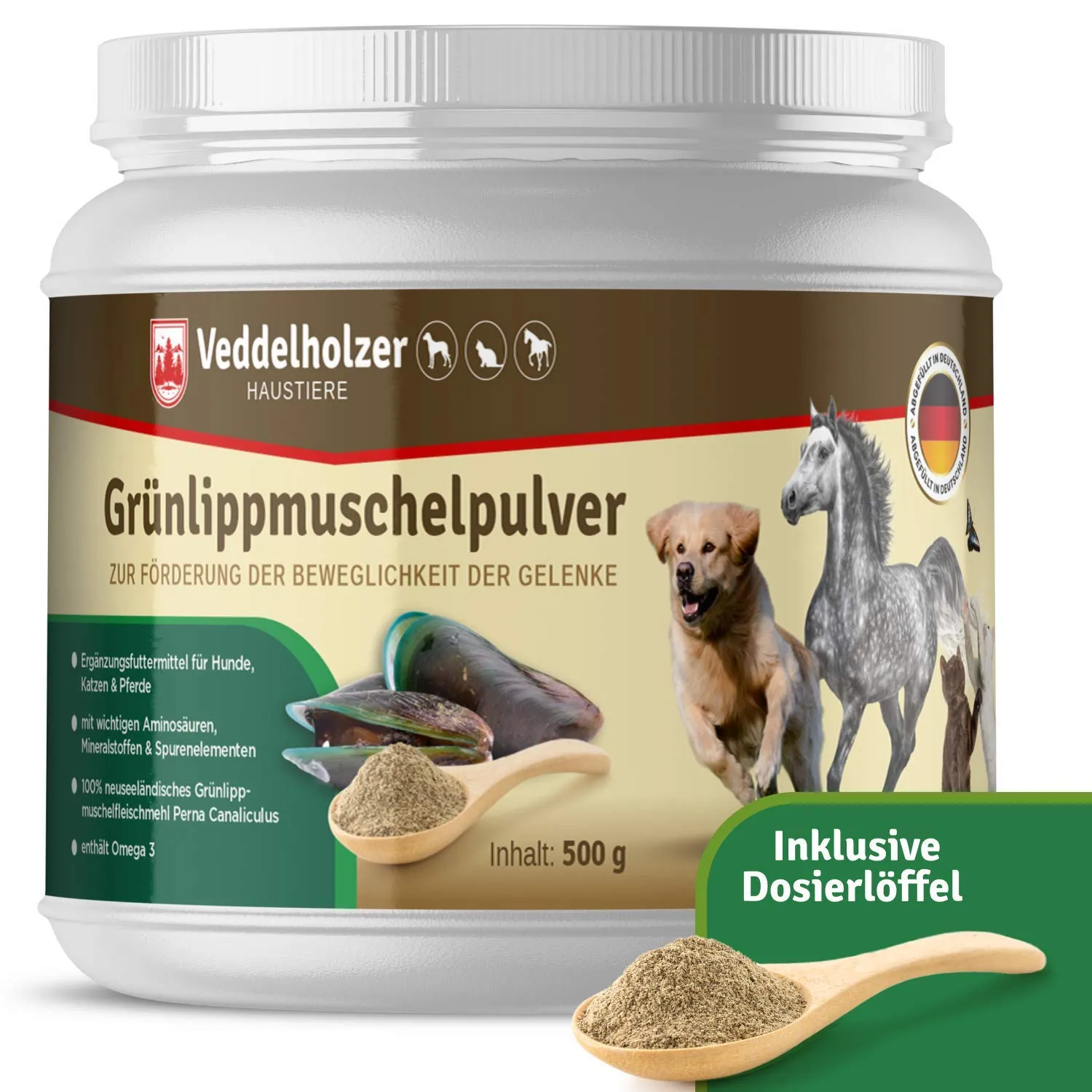 Veddelholzer Polvere Naturale di Cozza Verde per Cani, Gatti e Cavalli - 500g