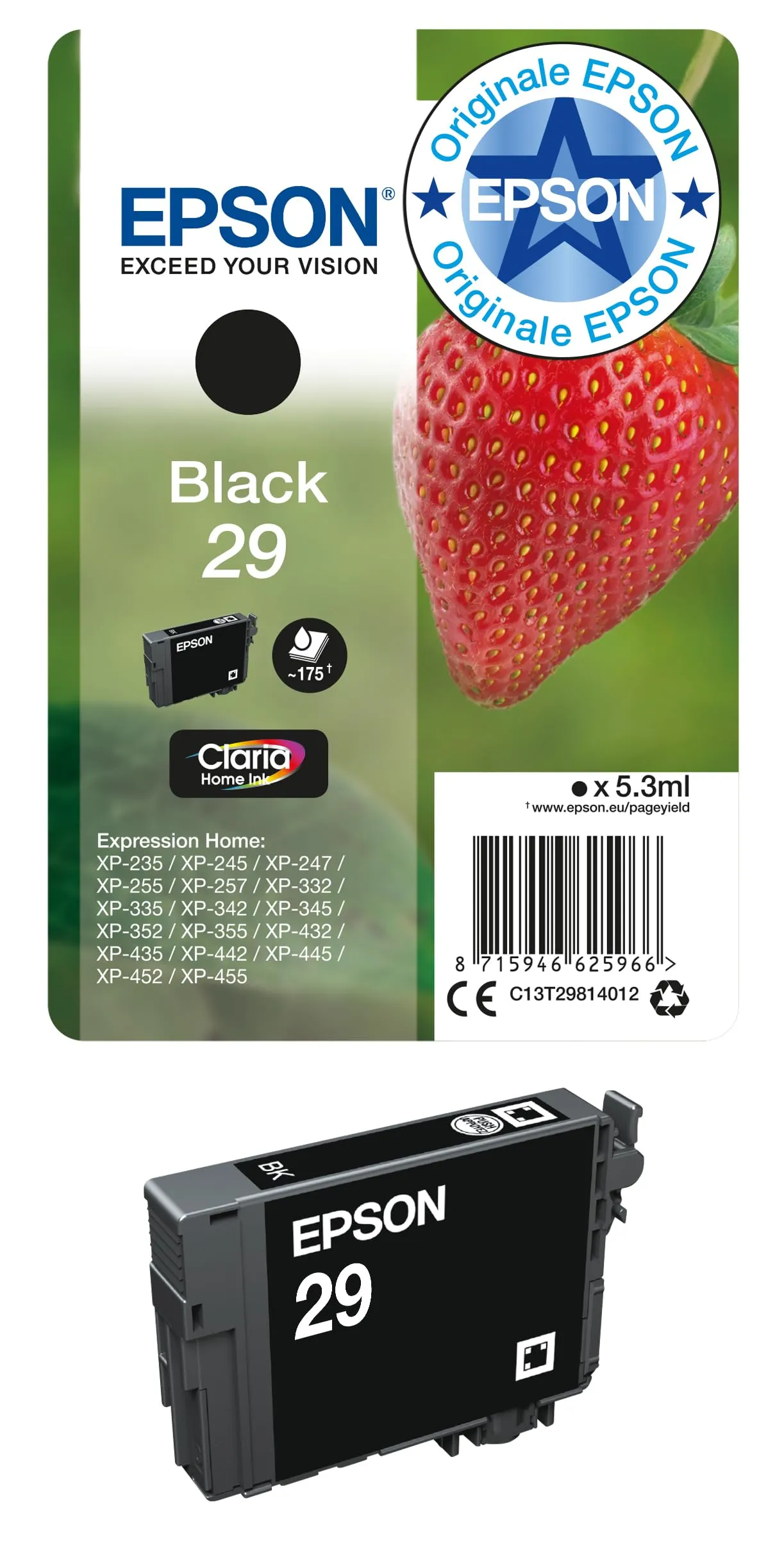 Epson Serie 29 Standard Fragole - Cartucce originali Claria Home per Stampante Inkjet, Single Pack 1 Colore (Nero) Formato STD, Stampe Casa/Ufficio fino 175 Pagine, Confezione Retail