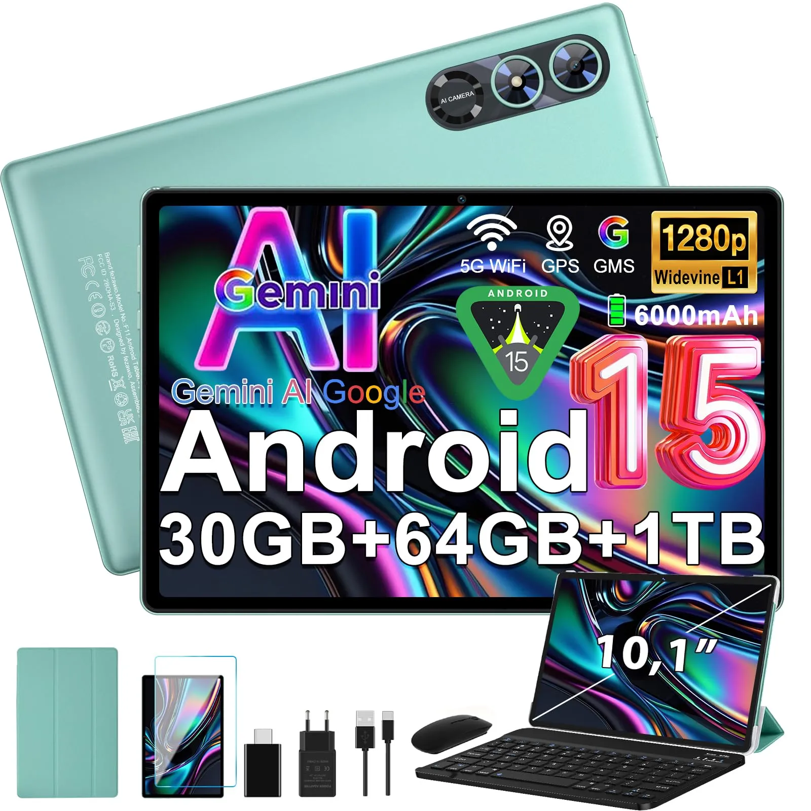 Fezawio Tablet Android 15, 10 Pollici, 30GB RAM, 64GB ROM, Viola