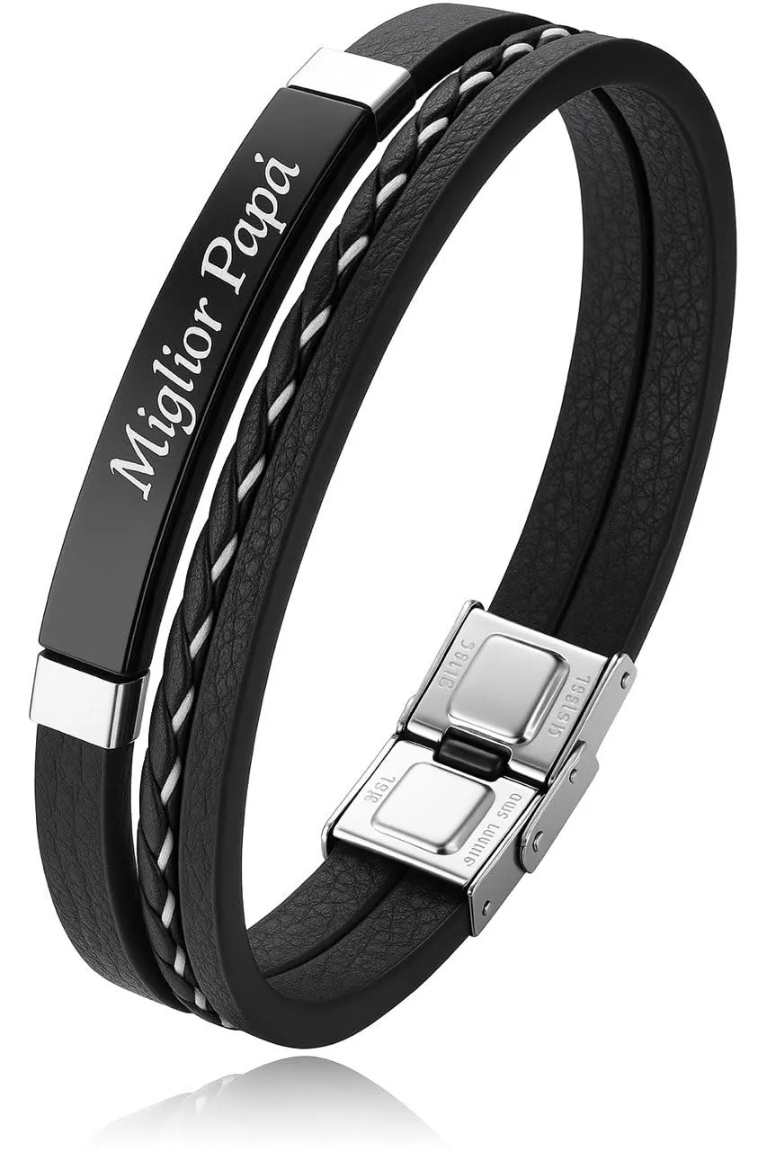Bracciale Uomo Personalizzato con Nomi Incisi – Pelle Intrecciata e Acciaio – CollanaDream (Nero)