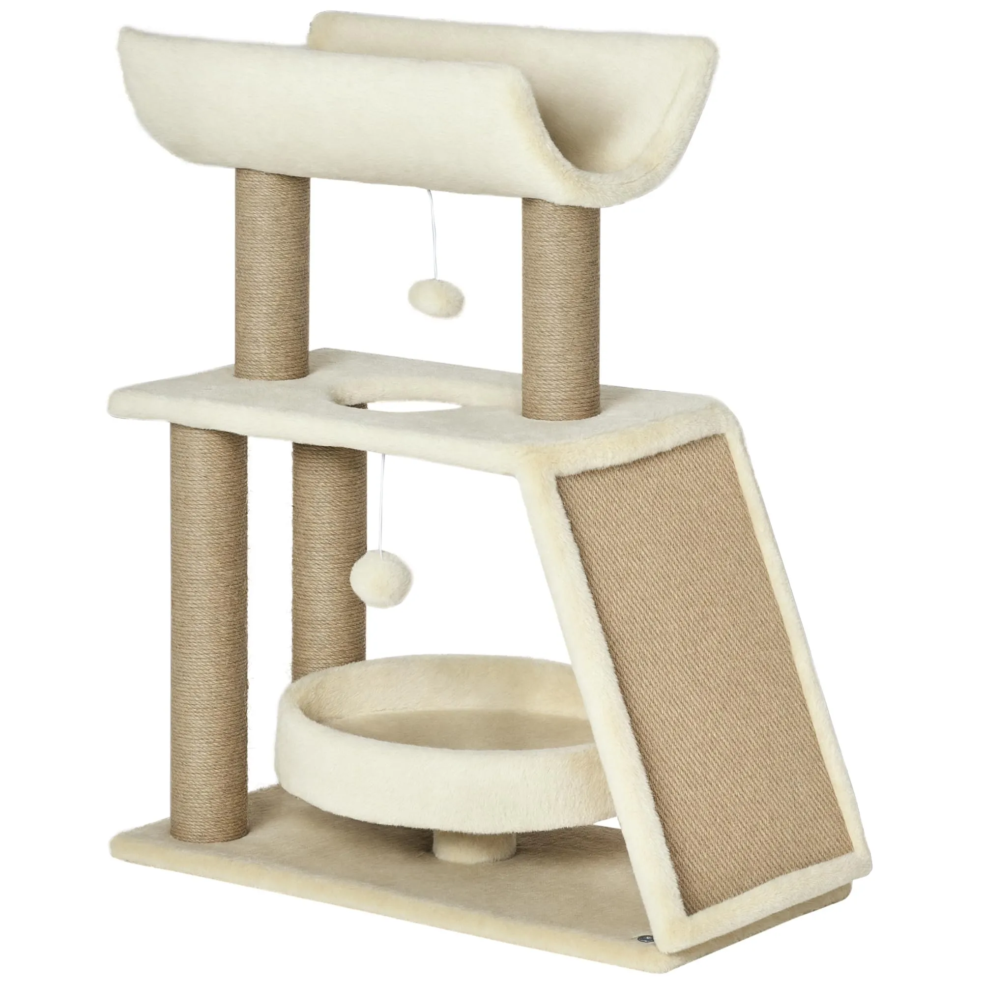 PawHut Albero Tiragraffi per Gatti con Cuccia a U, Lettino e Tappetino, 60x30x76 cm, Marrone Chiaro