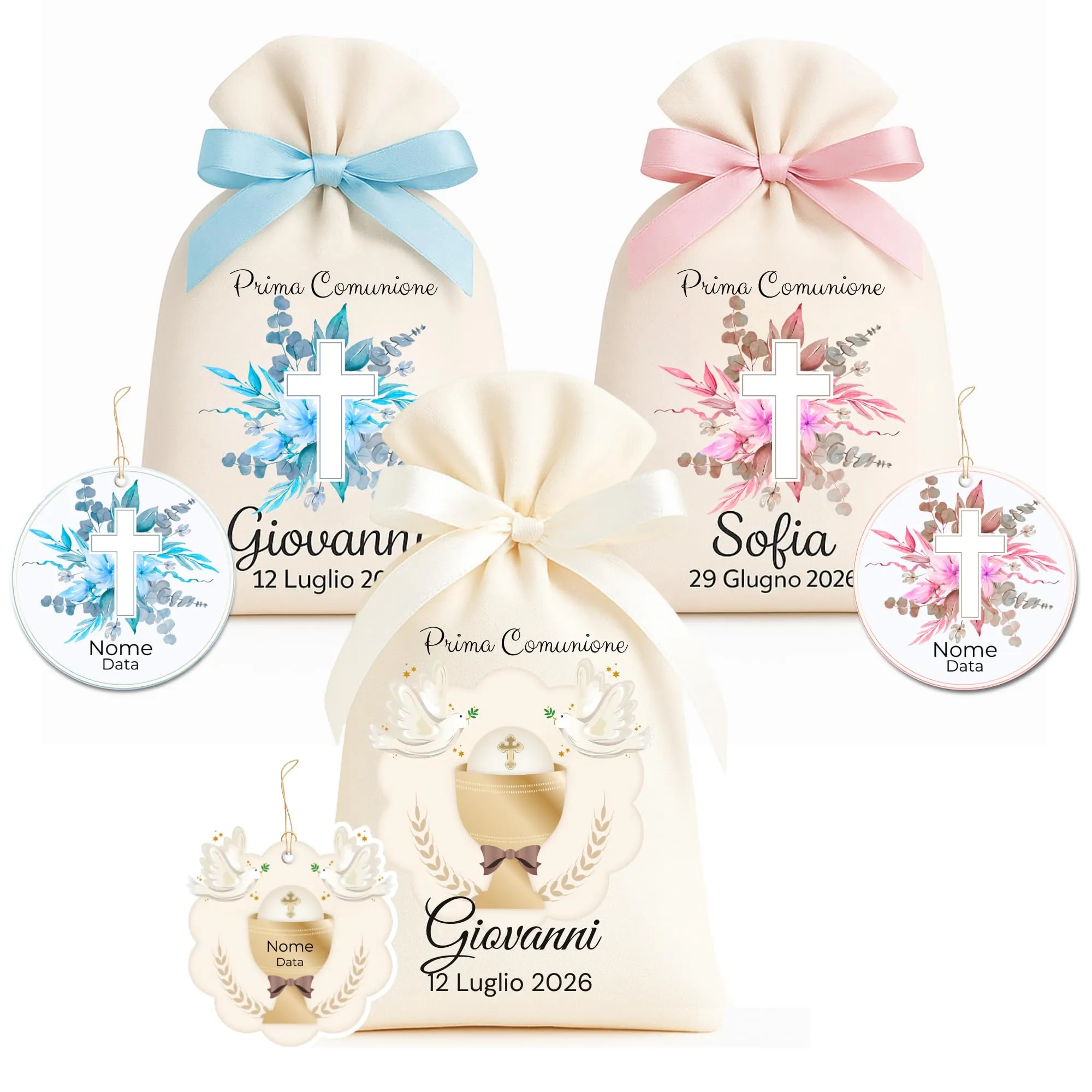 Sacchetti Prima Comunione Personalizzati - Set 10 Pz con Bigliettini