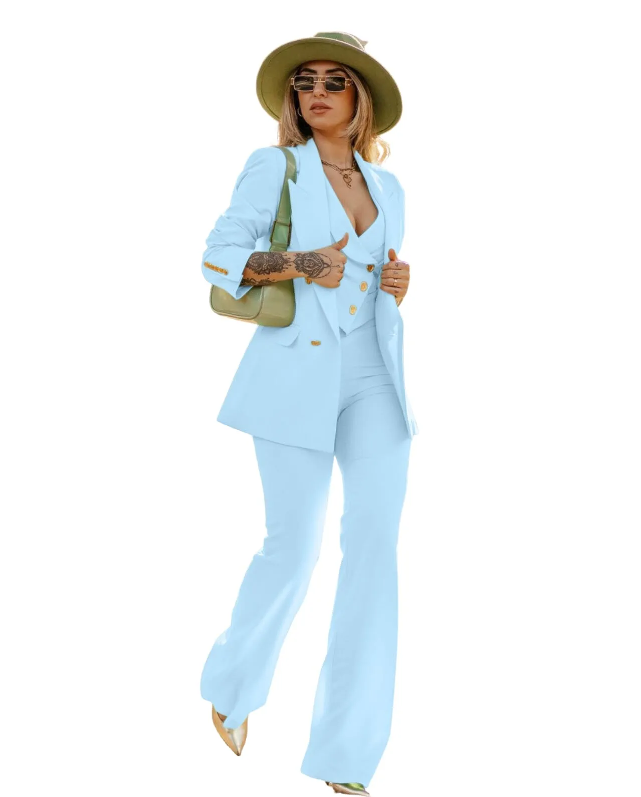 Tailleur Donna Elegante Celeste - Giacca Cropped e Pantalone Zampa