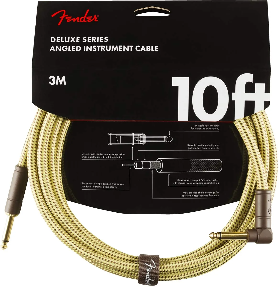 Fender Deluxe Series Cavo Strumento Chitarra, 3m, Dritto/Angolato, Tweed