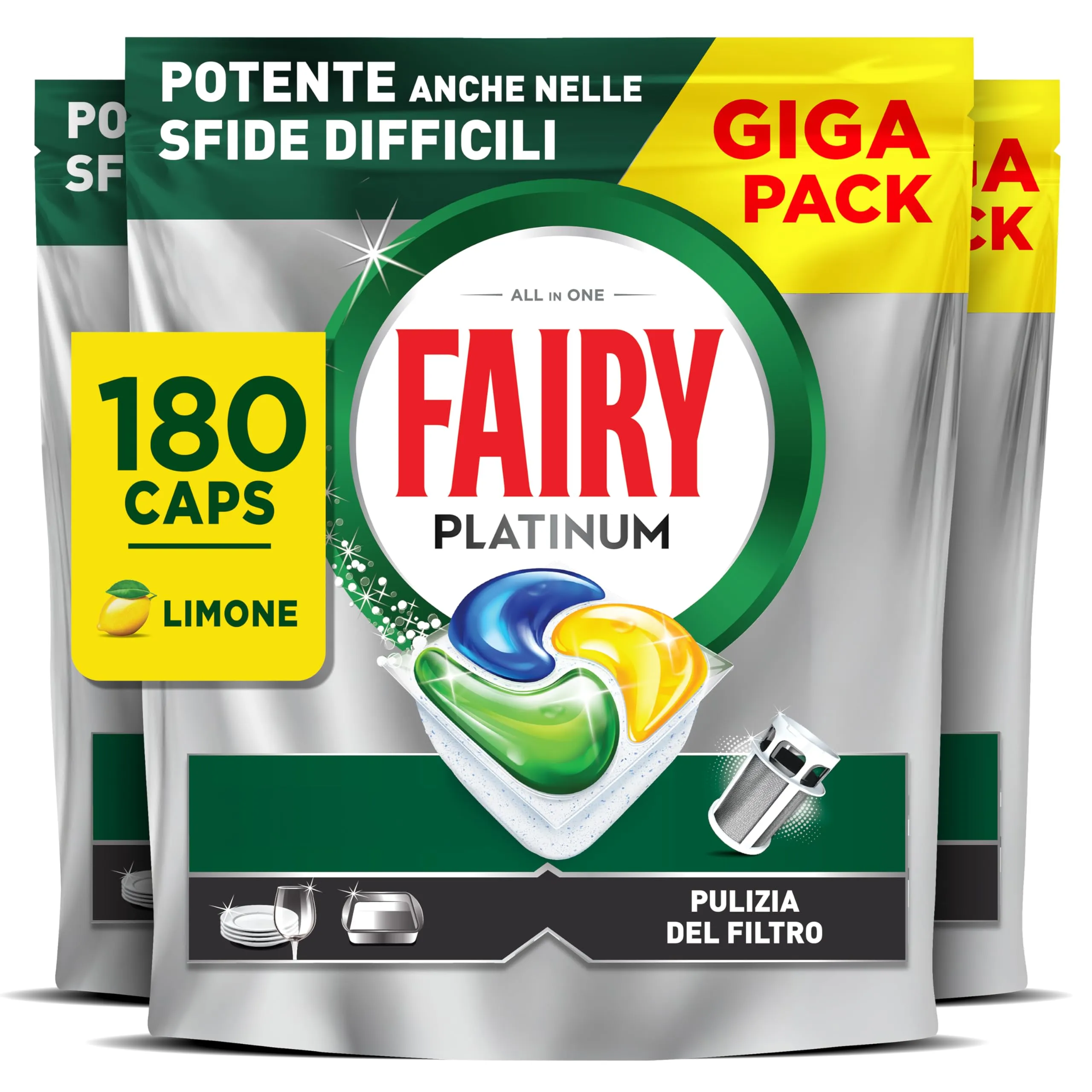 Fairy Platinum Limone - Pastiglie Lavastoviglie, 180 Capsule