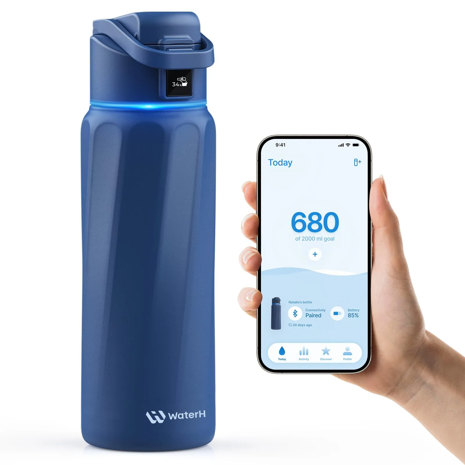 WATERH BOOST - Borraccia intelligente con promemoria idratazione e tracker, 946 ml Blu