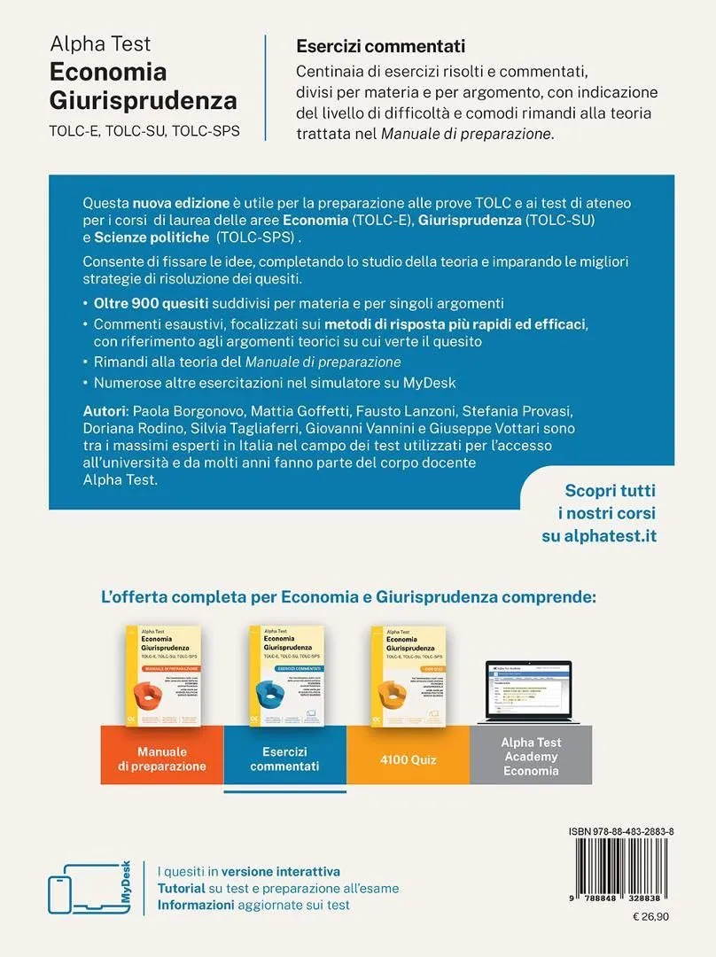 Alpha Test. Economia giurisprudenza. TOLC-E, TOLC-SU, TOLC-SPS. Esercizi commentati. Con Contenuto digitale per download e accesso online