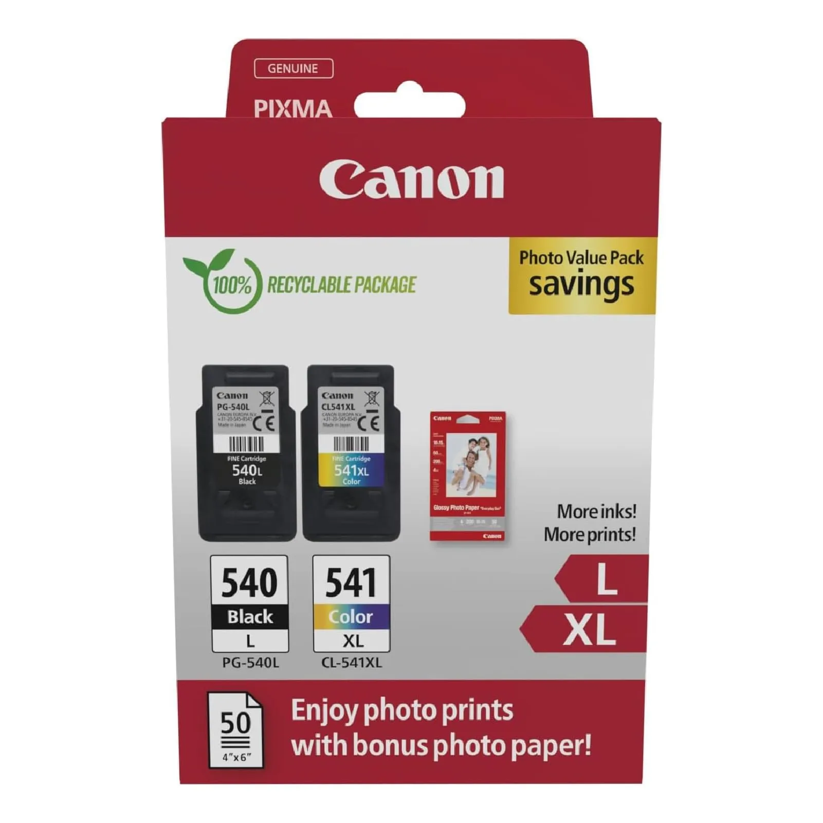Canon PG-540L/CL-541XL Cartucce Inchiostro Originali, Confezione Risparmio + Carta Fotografica