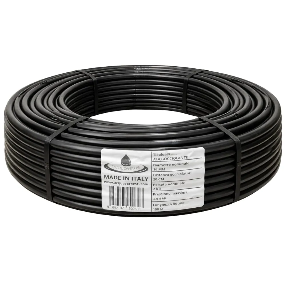 Ala Gocciolante Ø 16 mm Passo 20 cm con Gocciolatore Doppio Foro, Rotolo da 100 mt, Tubo in Polietilene per Irrigazione a Goccia, Nero - Orto Facile