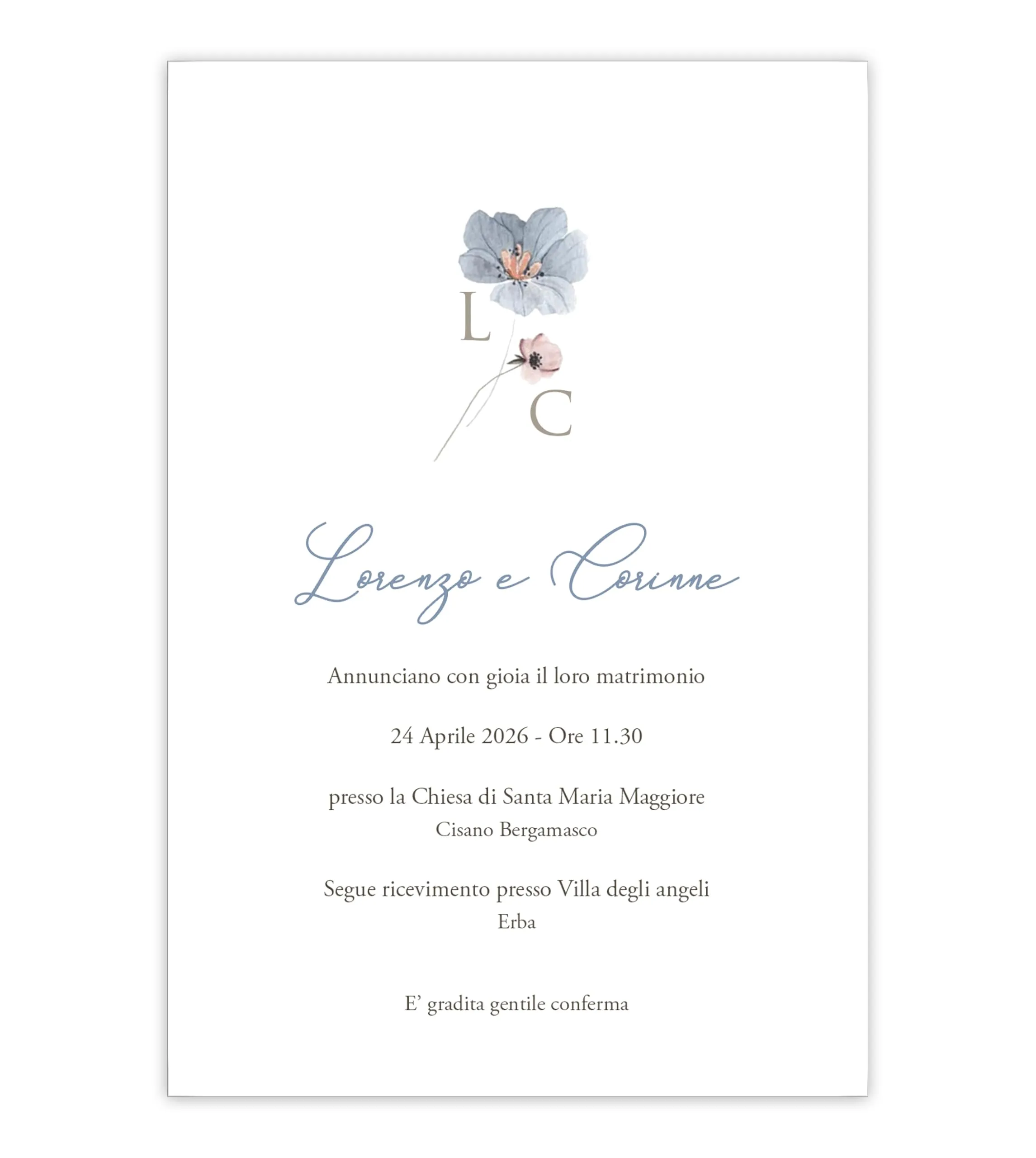 Partecipazioni Matrimonio Fiori Rosa e Azzurro Polvere - Inviti Nozze Acquerello (Set da 10)