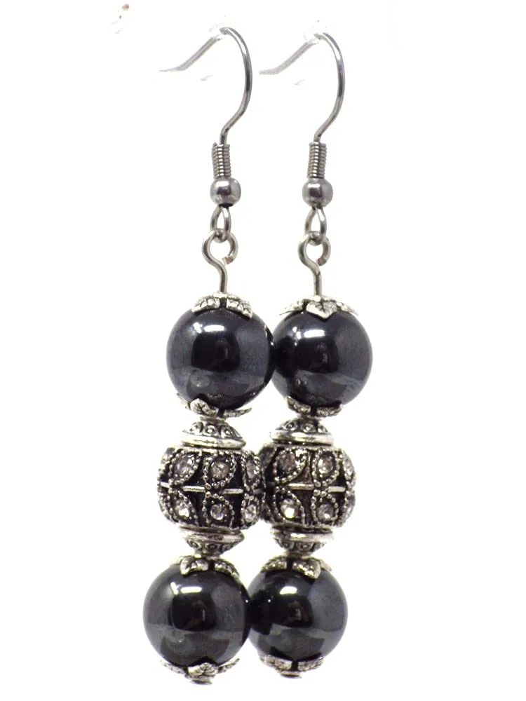 Orecchini Pendenti Acciaio, Perle Nere Ematite e Cristalli