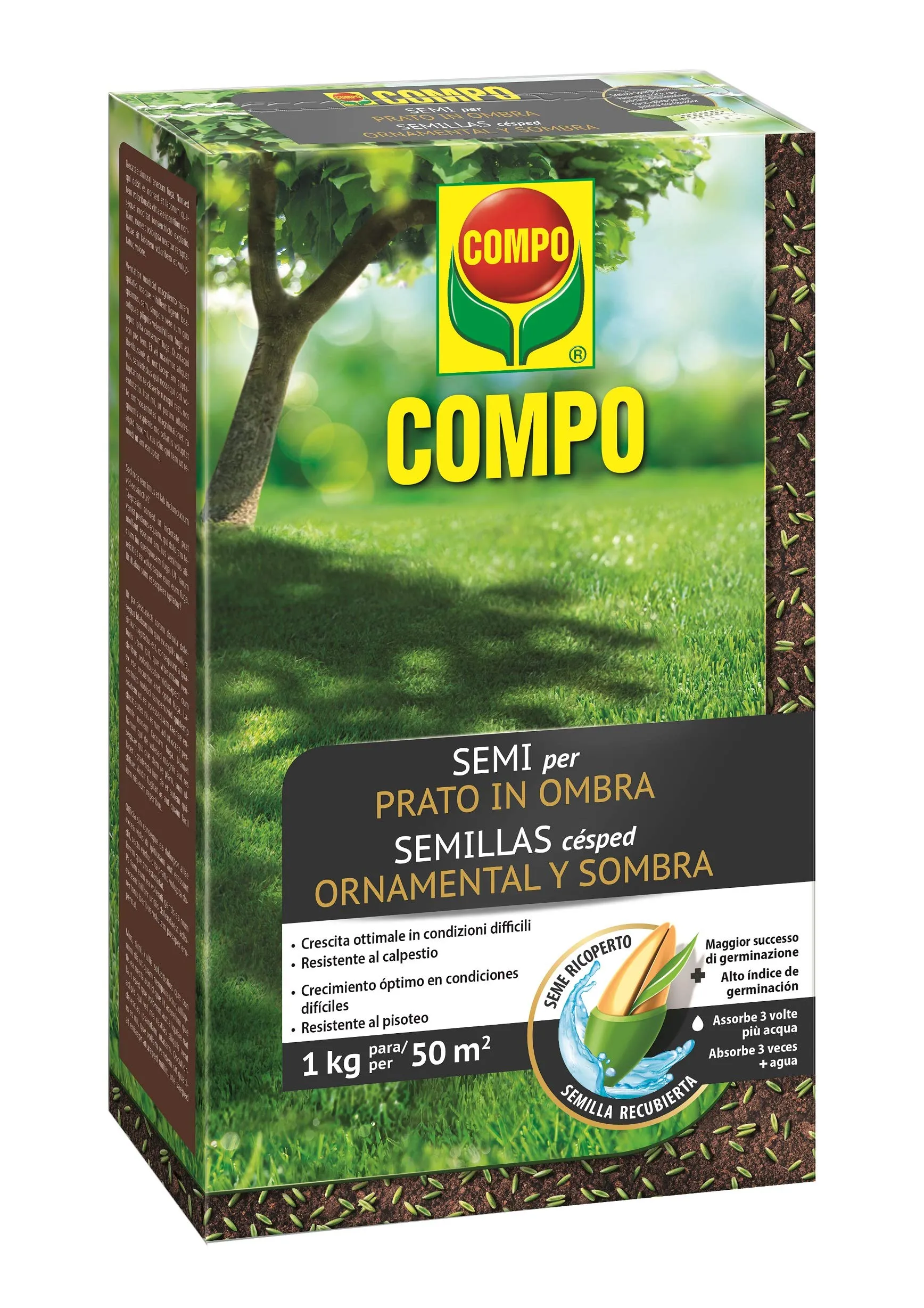 COMPO SEMI per Prato in Ombra, Miscela Speciale, Seme Ricoperto, Resistente al Calpestio, 1 kg