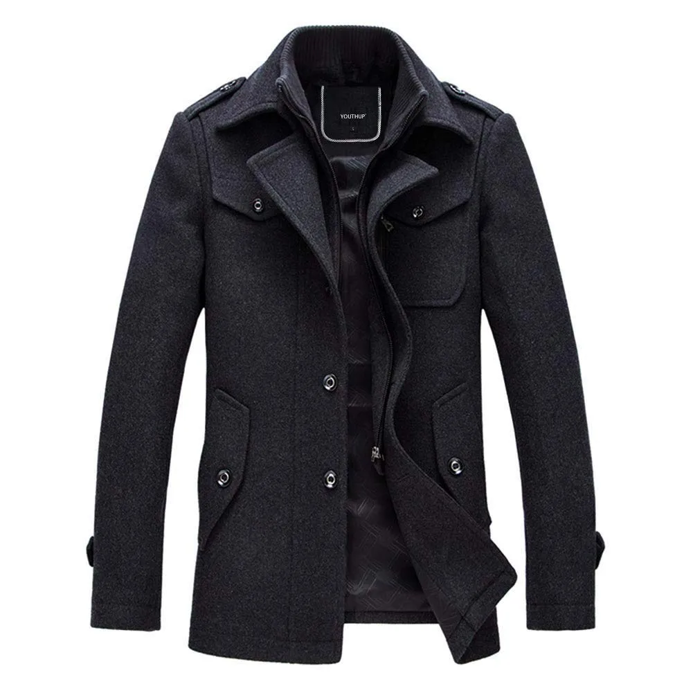 YOUTHUP Cappotto Elegante da Uomo in Lana Nera - Modello Slim Fit Invernale