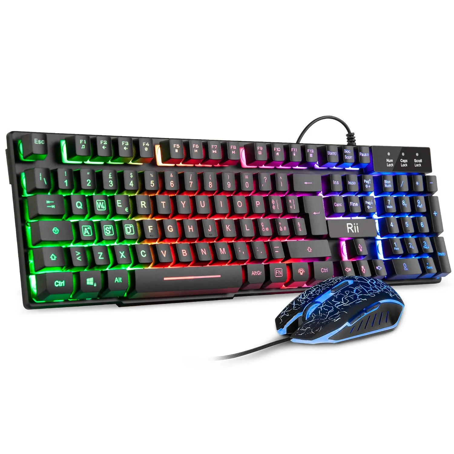 Rii Gaming RK108 - Combo Tastiera e Mouse Retroilluminati (Layout Italiano)
